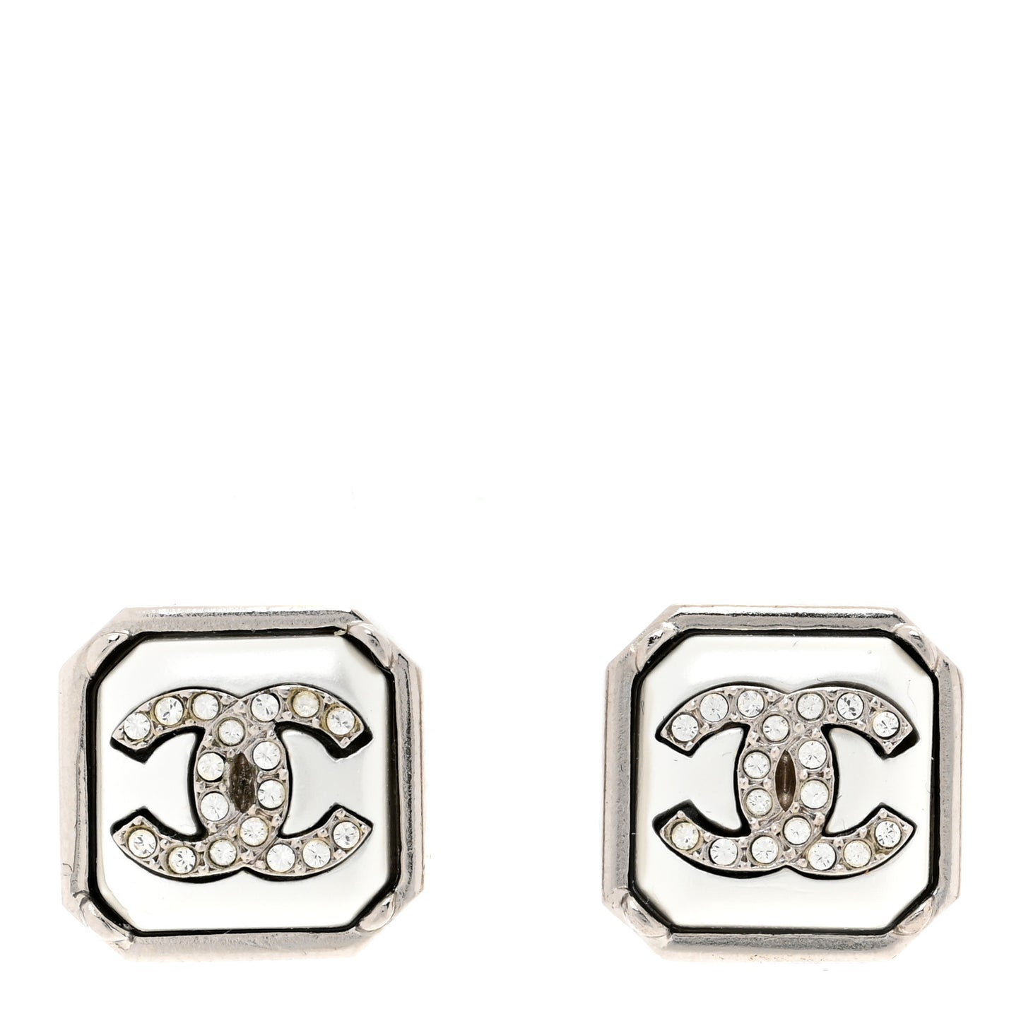 Pearl Crystal CC Square Earrings Silver