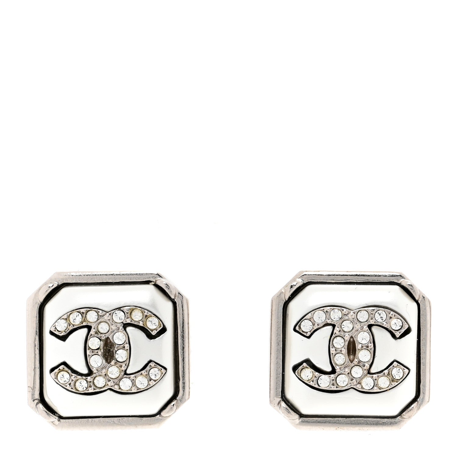 Chanel Pearl Crystal CC Square Earrings Silver 1 of 4