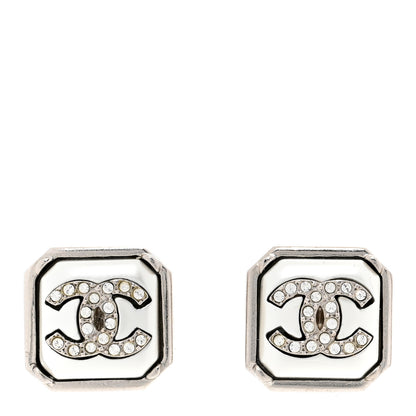 Chanel Pearl Crystal CC Square Earrings Silver 1 of 4