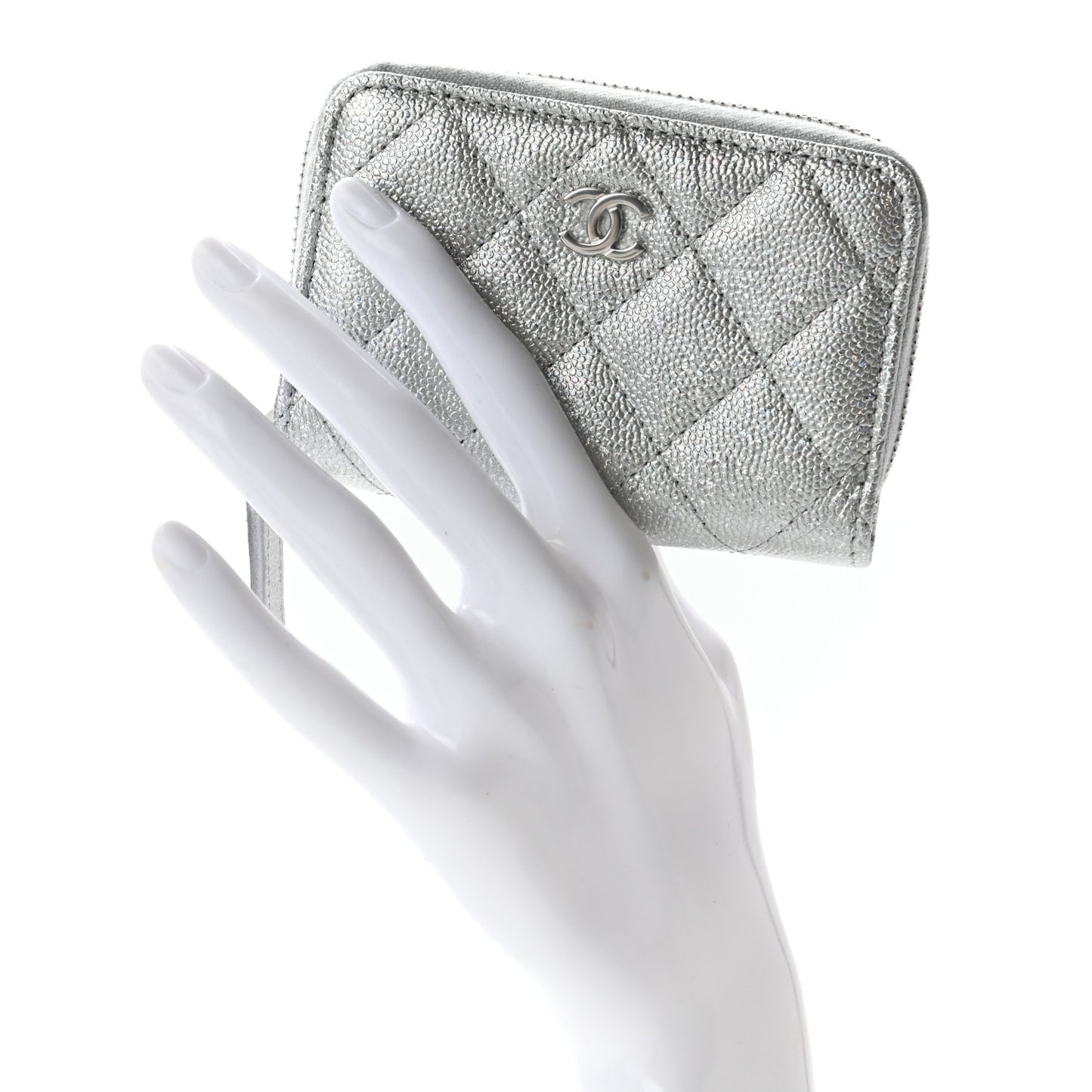 Glittered Metallic Caviar Quilted Zip Coin Purse Wallet Silver