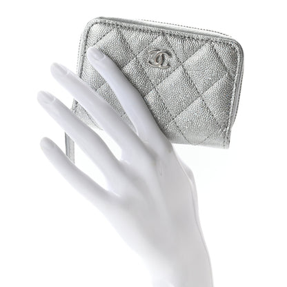 Chanel Glittered Metallic Caviar Quilted Zip Coin Purse Wallet Silver 2 of 7