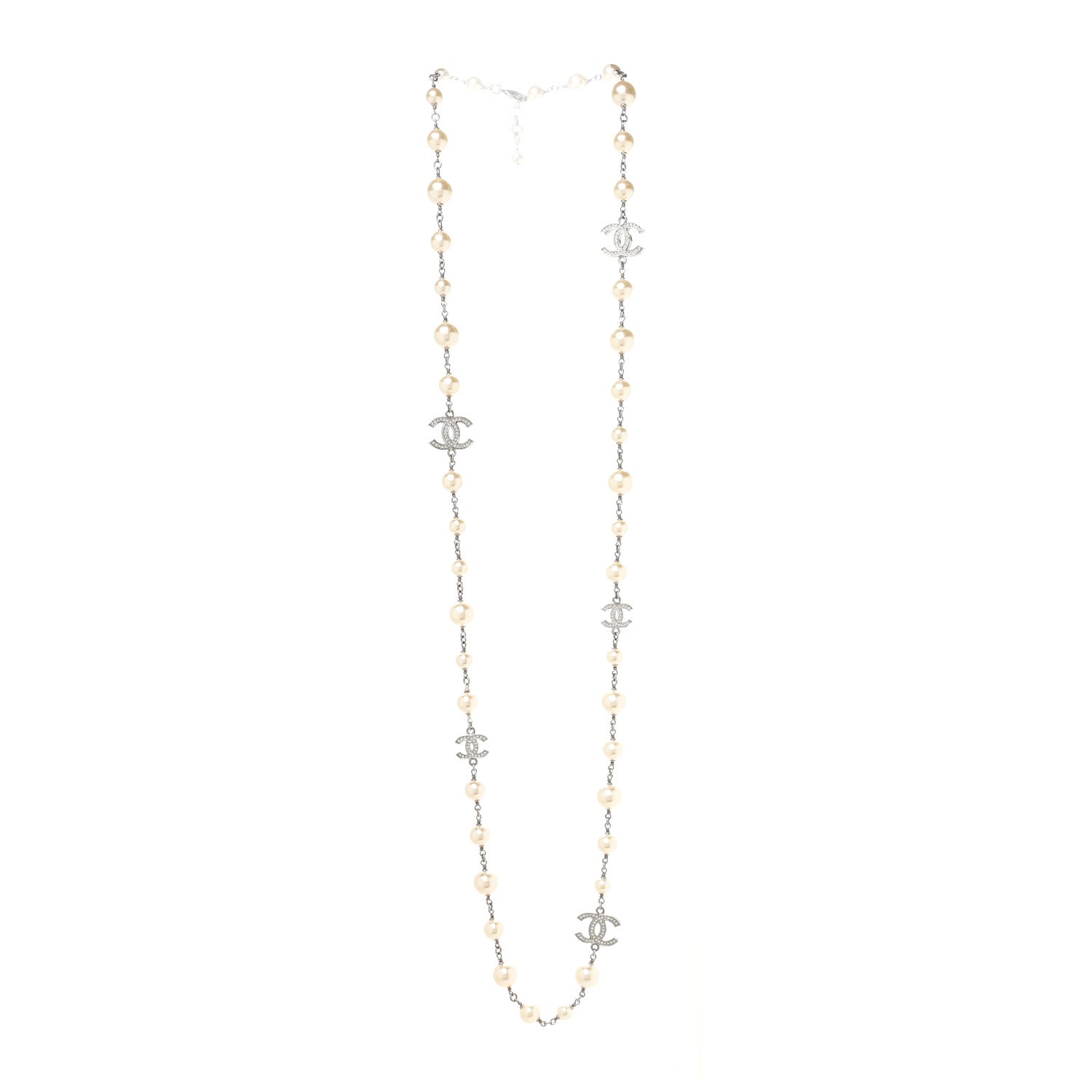 Chanel Graduated Pearl Crystal CC Long Necklace Silver 2 of 3