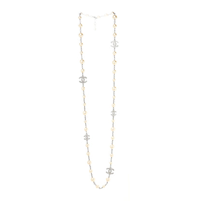 Chanel Graduated Pearl Crystal CC Long Necklace Silver 2 of 3