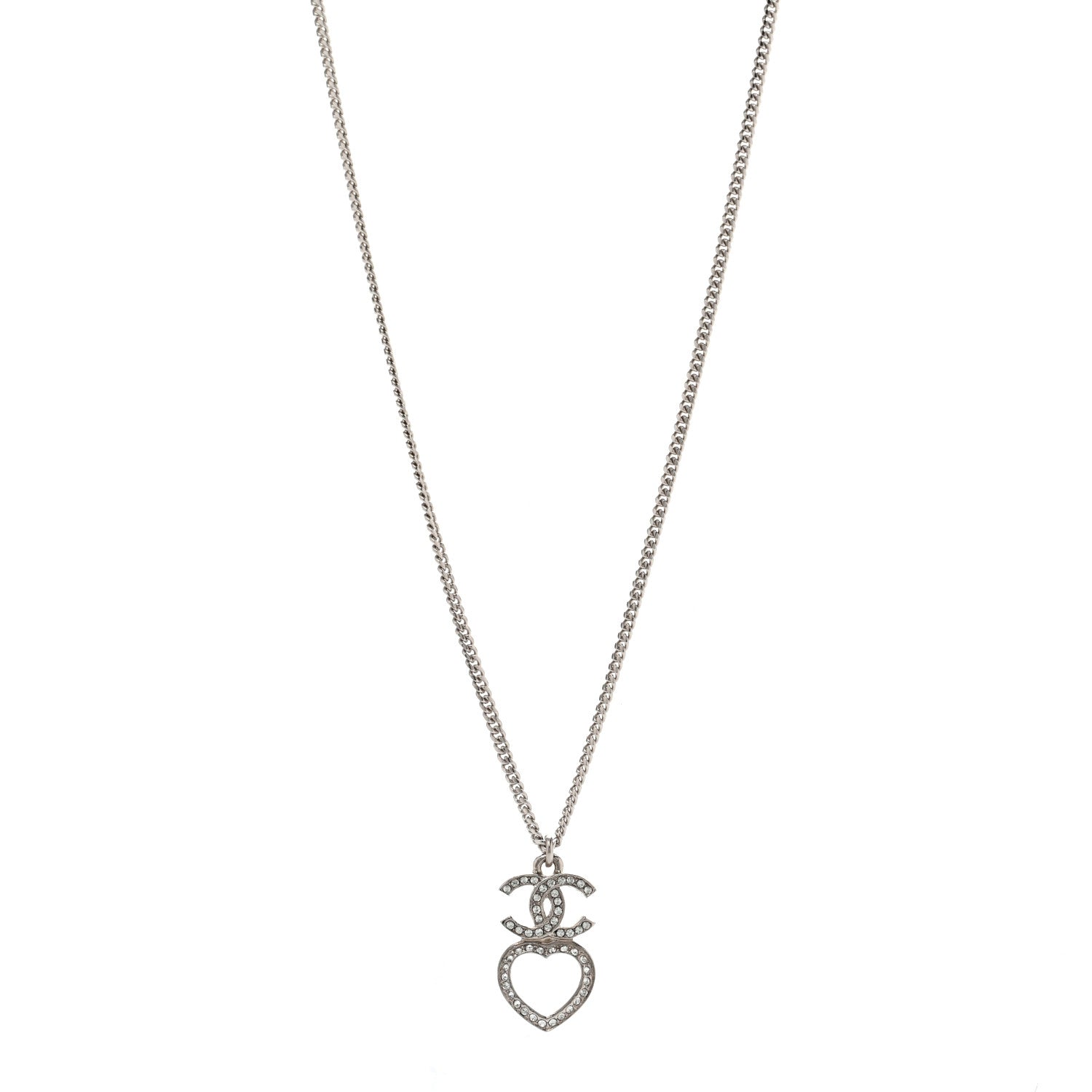 Chanel Crystal CC Heart Drop Chain Necklace Silver 1 of 6