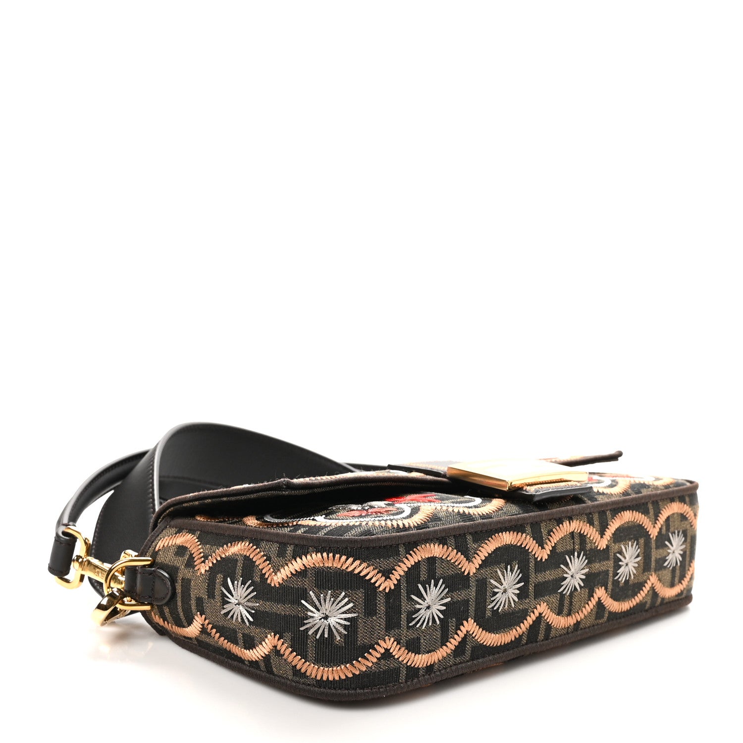 Fendi Fabric Jacquard FF 1974 Floral Embroidered Baguette Tobacco Moro Multicolor 4 of 10