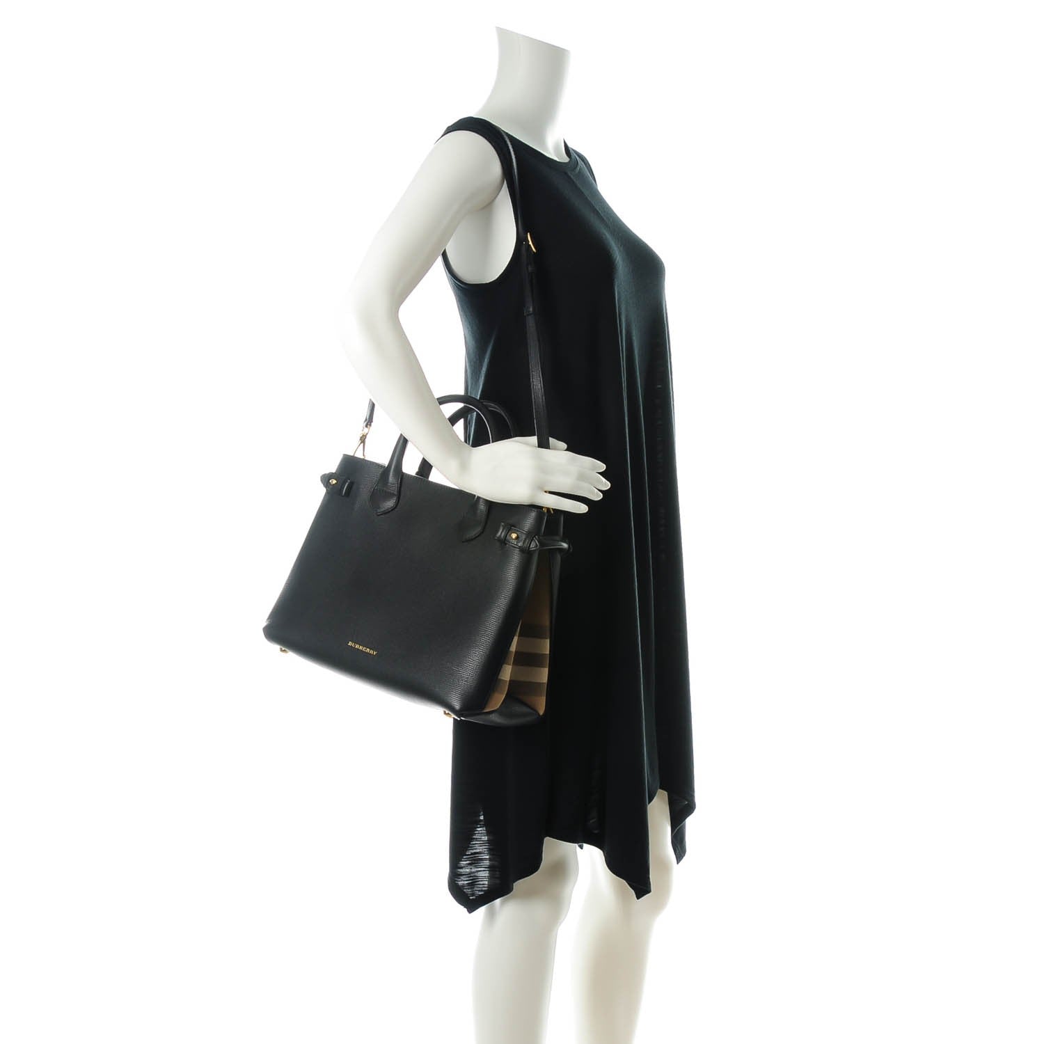 Burberry Grainy Calfskin House Check Medium Banner Tote Black 2 of 8