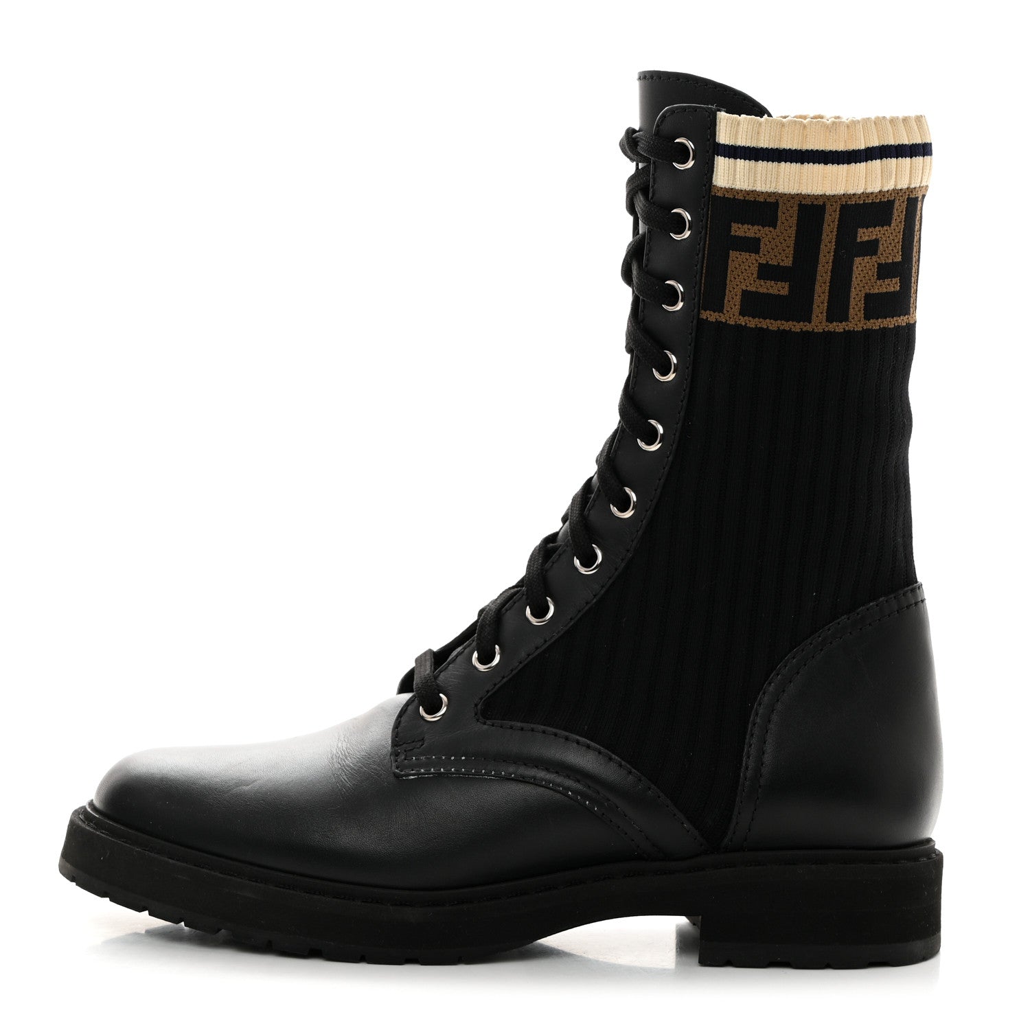 Fendi Calfskin Stretch Fabric Rockoko Biker Boots 38 Tobacco Black Marino 1 of 8