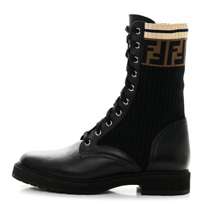 Fendi Calfskin Stretch Fabric Rockoko Biker Boots 38 Tobacco Black Marino 1 of 8