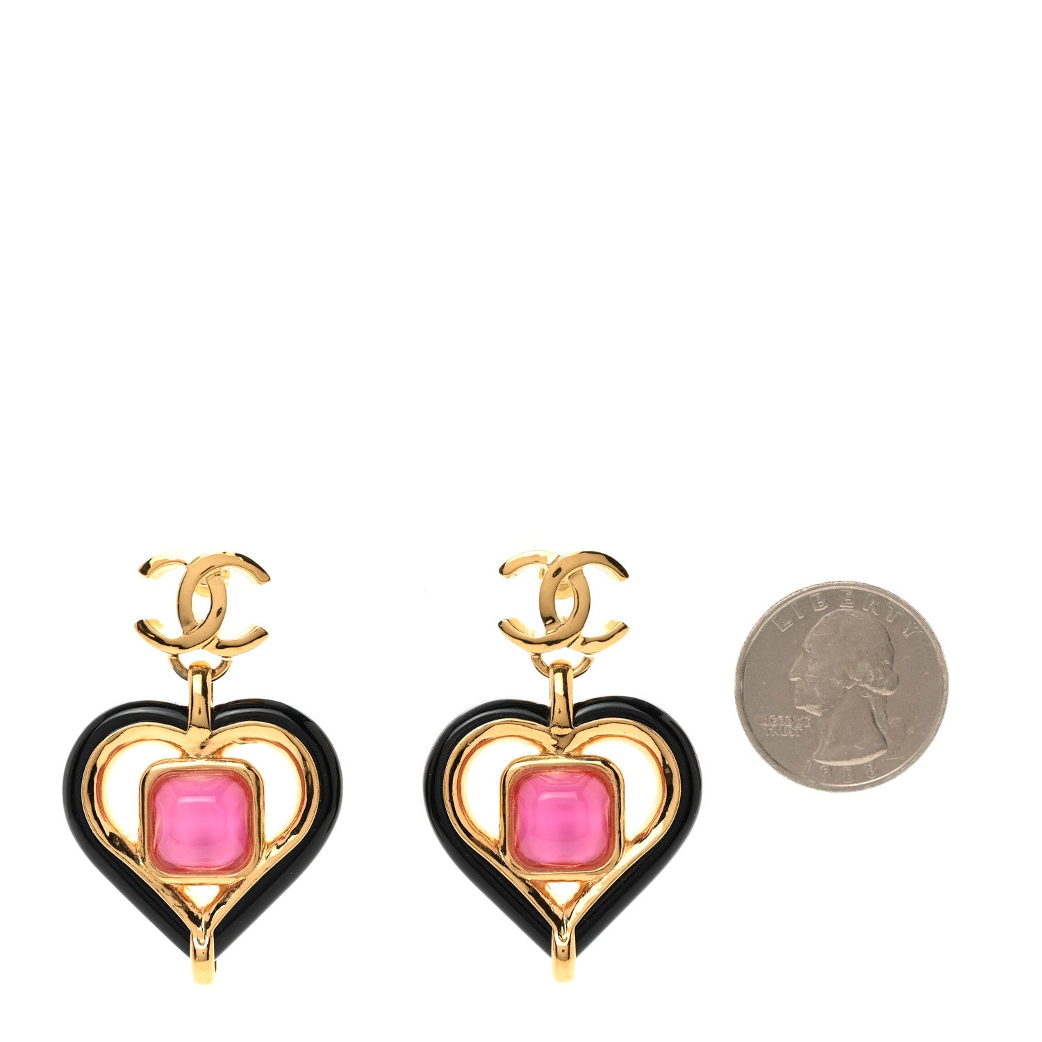 Chanel Resin Heart CC Drop Earrings Black Pink Gold 2 of 6