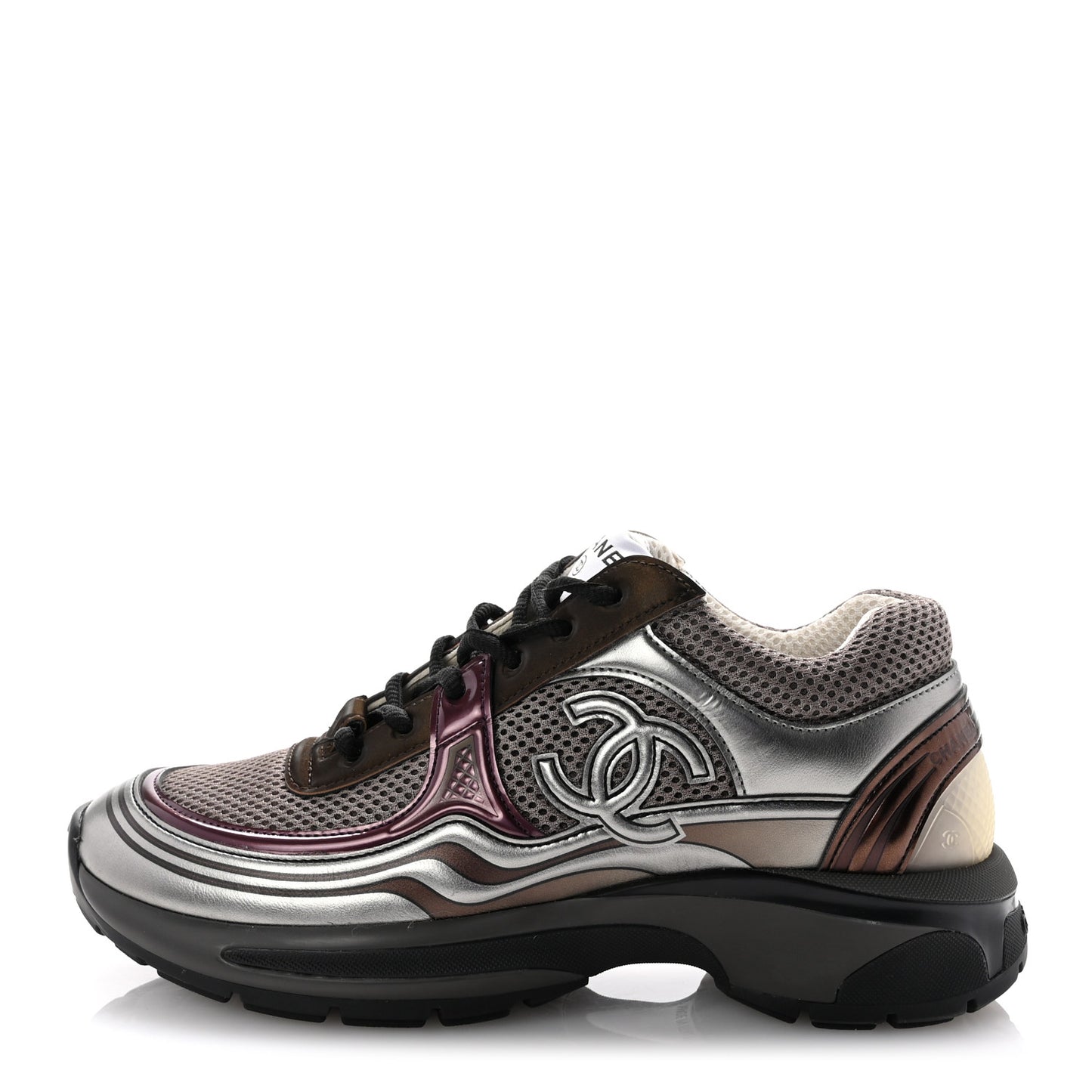 Fabric Laminated Calfskin Stretch CC Womens Sneakers 37.5 Khaki Silver Dark Purple