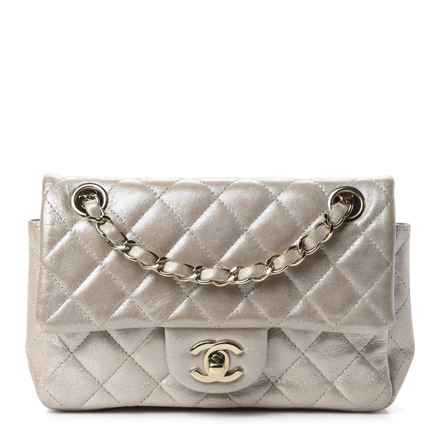 Iridescent Calfskin Quilted Mini Rectangular Flap Light Gold