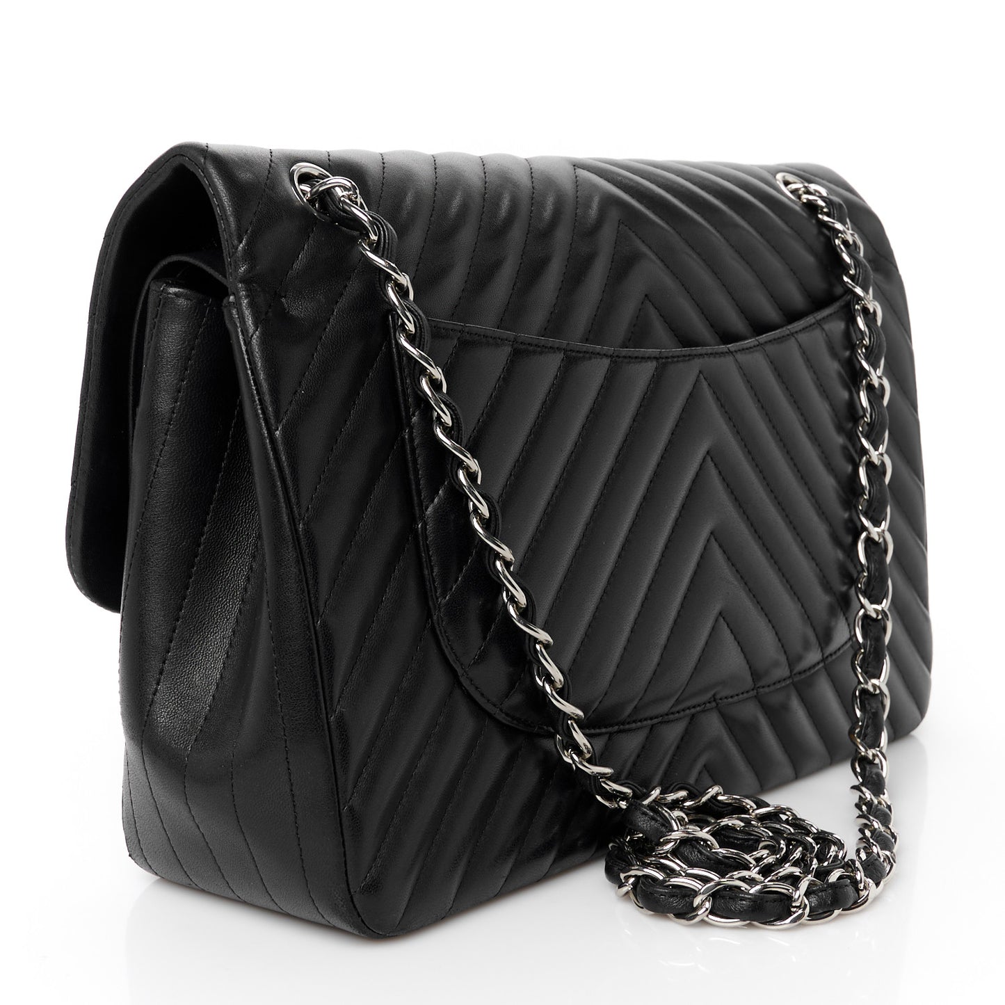 Lambskin Chevron Quilted Jumbo Double Flap Black