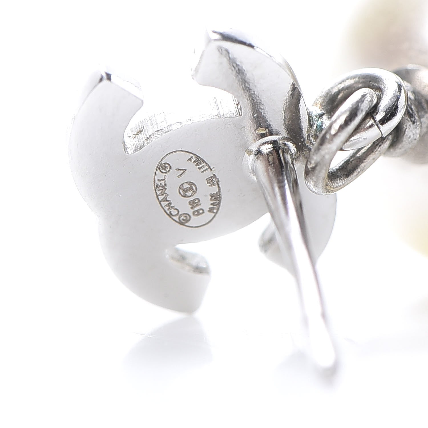 Chanel Crystal Pearl CC Drop Earrings Silver Pearly White 4 of 5