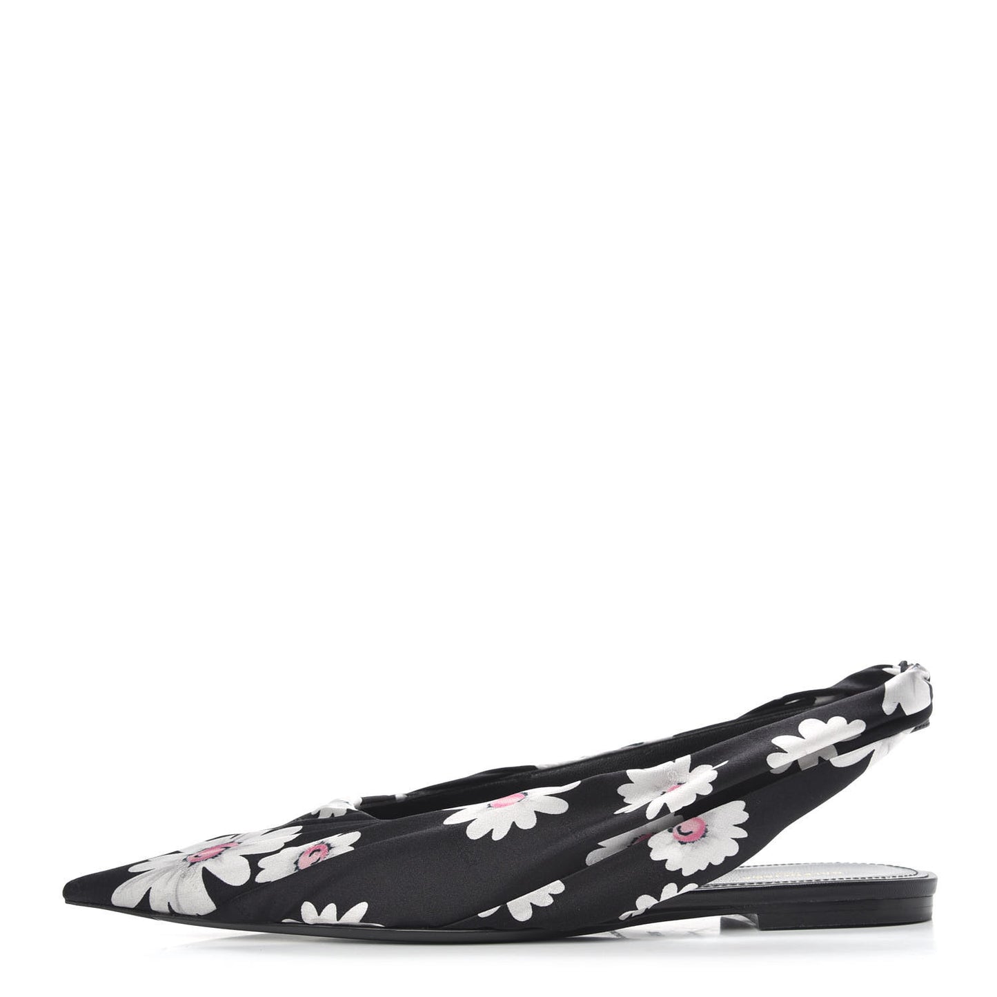 Satin Floral Print Knife Pointy Toe Slingback Flats 36.5 Black
