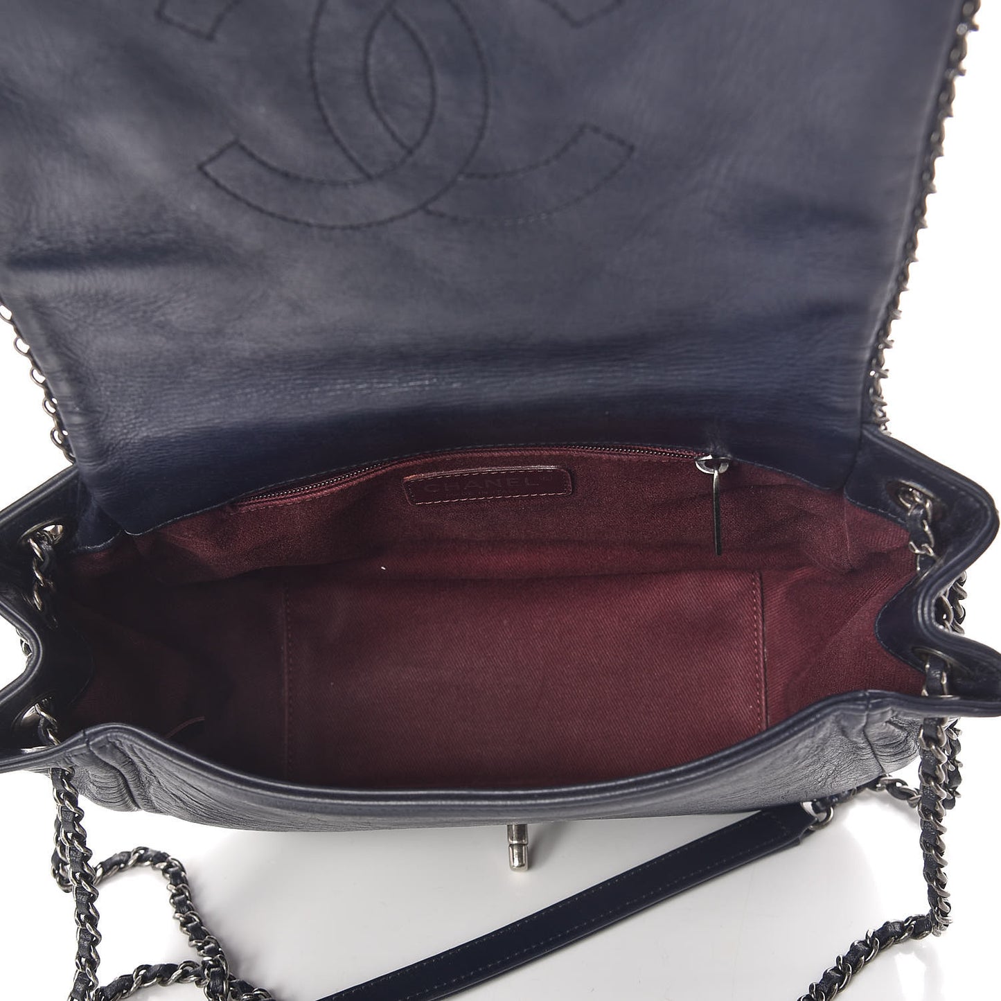 Glazed Calfskin Quilted Small CC Enchained Accordion Flap Dark Navy Blue
