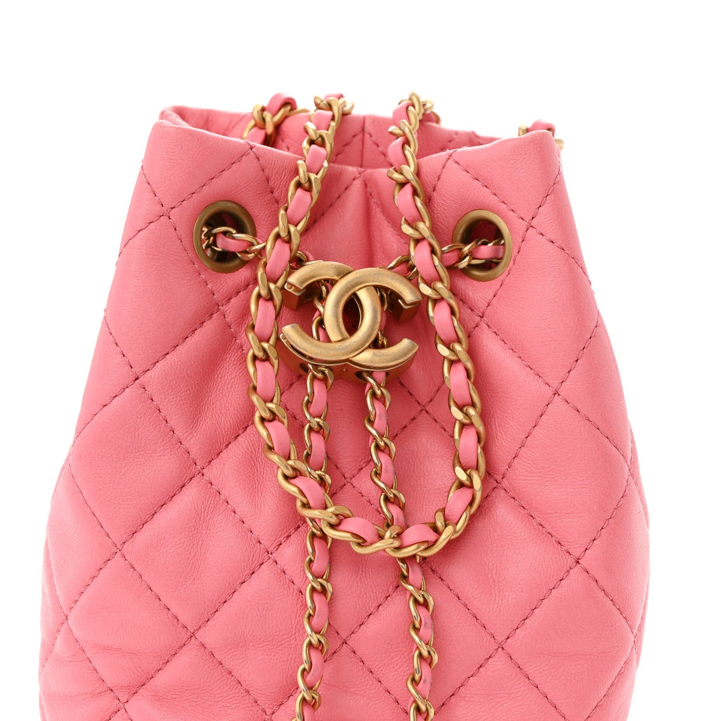 Lambskin Quilted Pearl Crush Drawstring Bag Pink