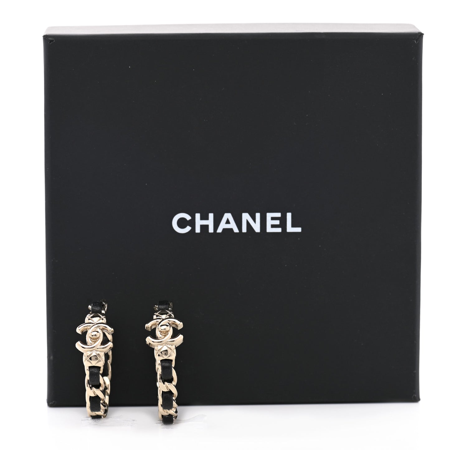 Metal Lambskin Quilted CC Turnlock Chain Hoop Earrings Gold Black