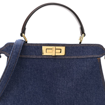 Fendi Denim Fabric Jacquard Cuoio FF 1974 Medium Peekaboo I SEE U Satchel Blue Tobacco Moro 5 of 11