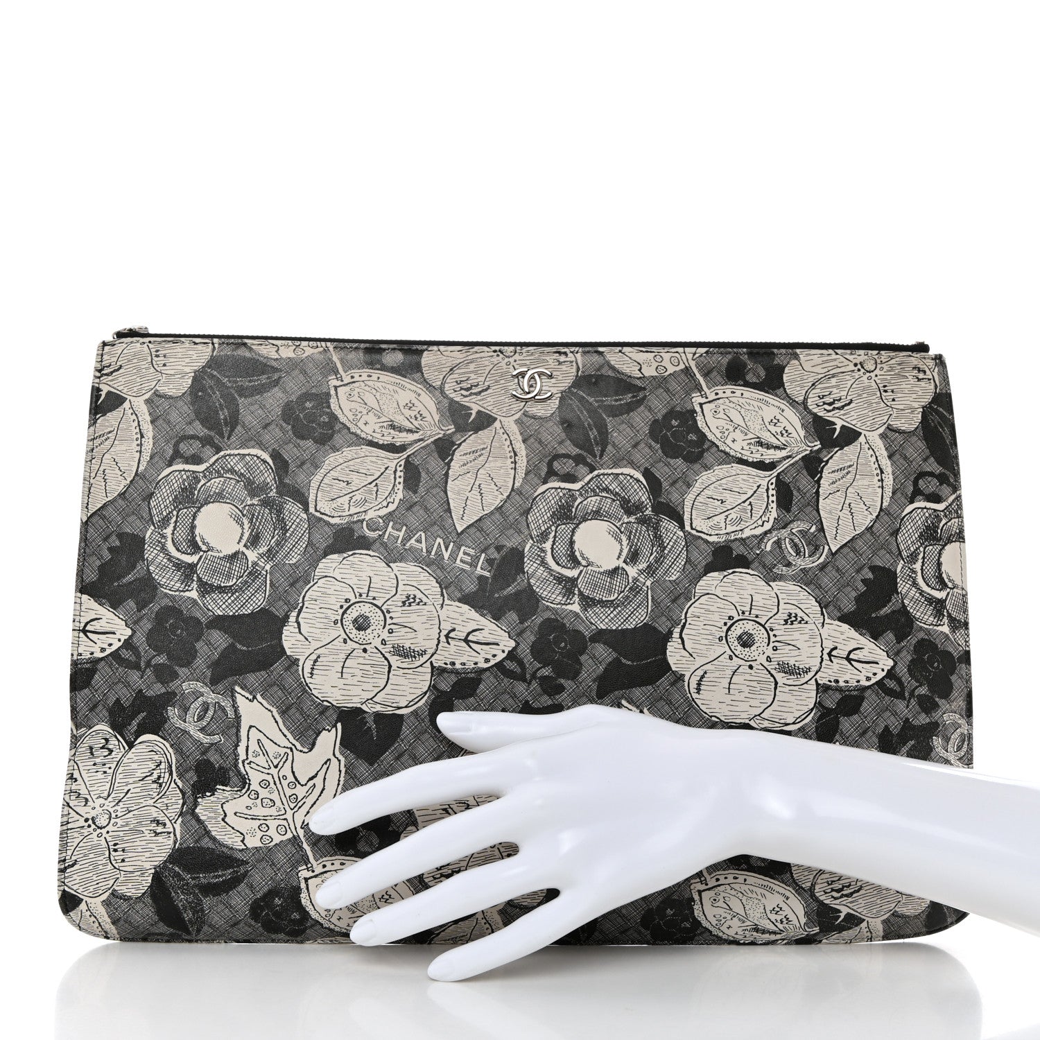 Chanel Coated Canvas Lambskin Quilted Large Camellia Cosmetic Case Black White 2 of 7