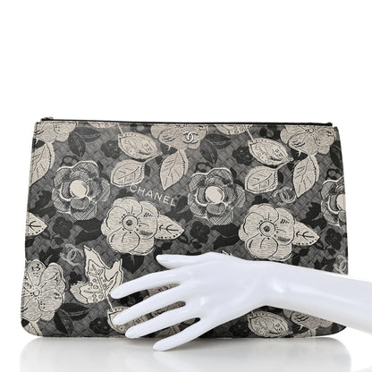 Chanel Coated Canvas Lambskin Quilted Large Camellia Cosmetic Case Black White 2 of 7
