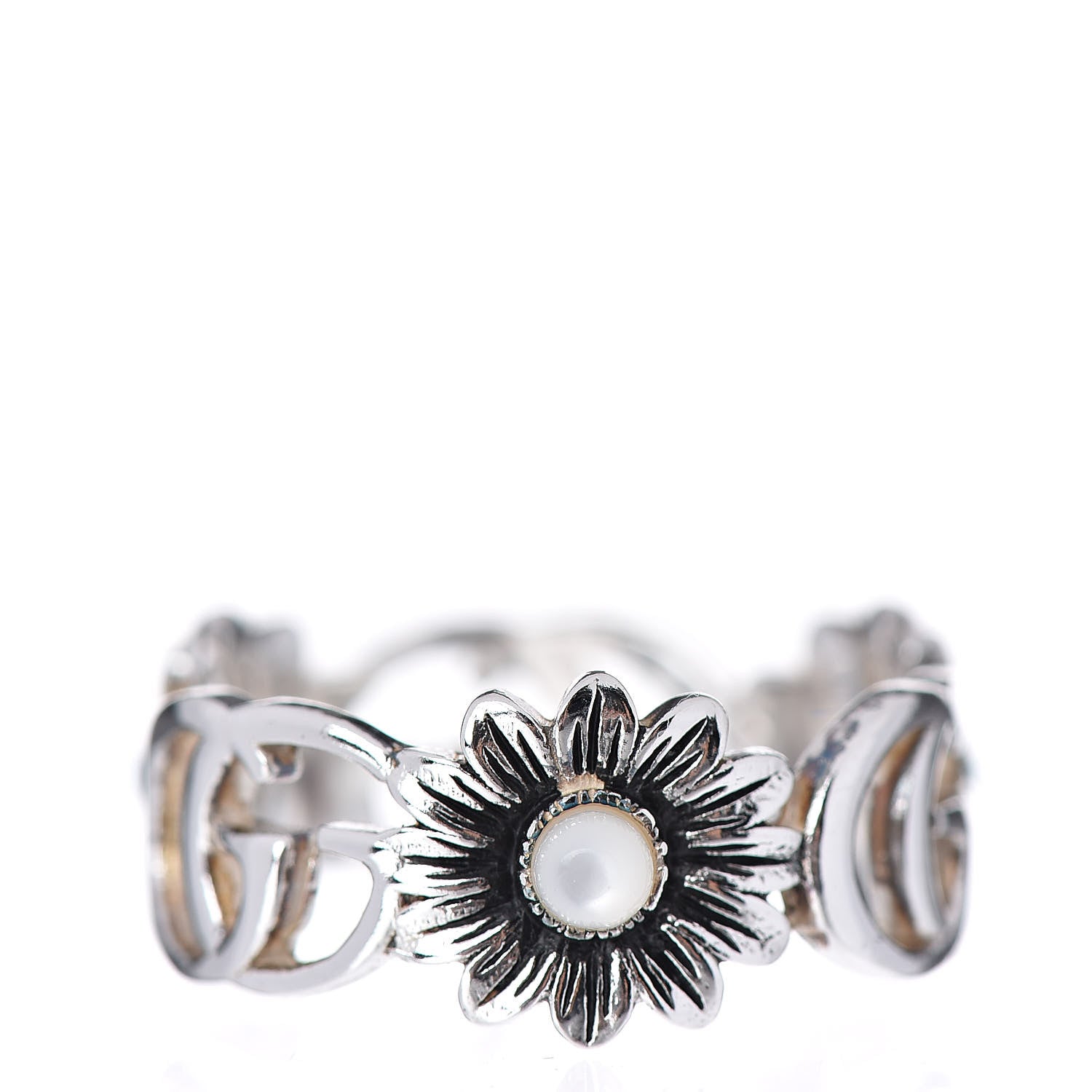 Gucci Sterling Silver Topaz Mother of Pearl Turquoise Resin Double G Flower Ring 58 8.25 3 of 4