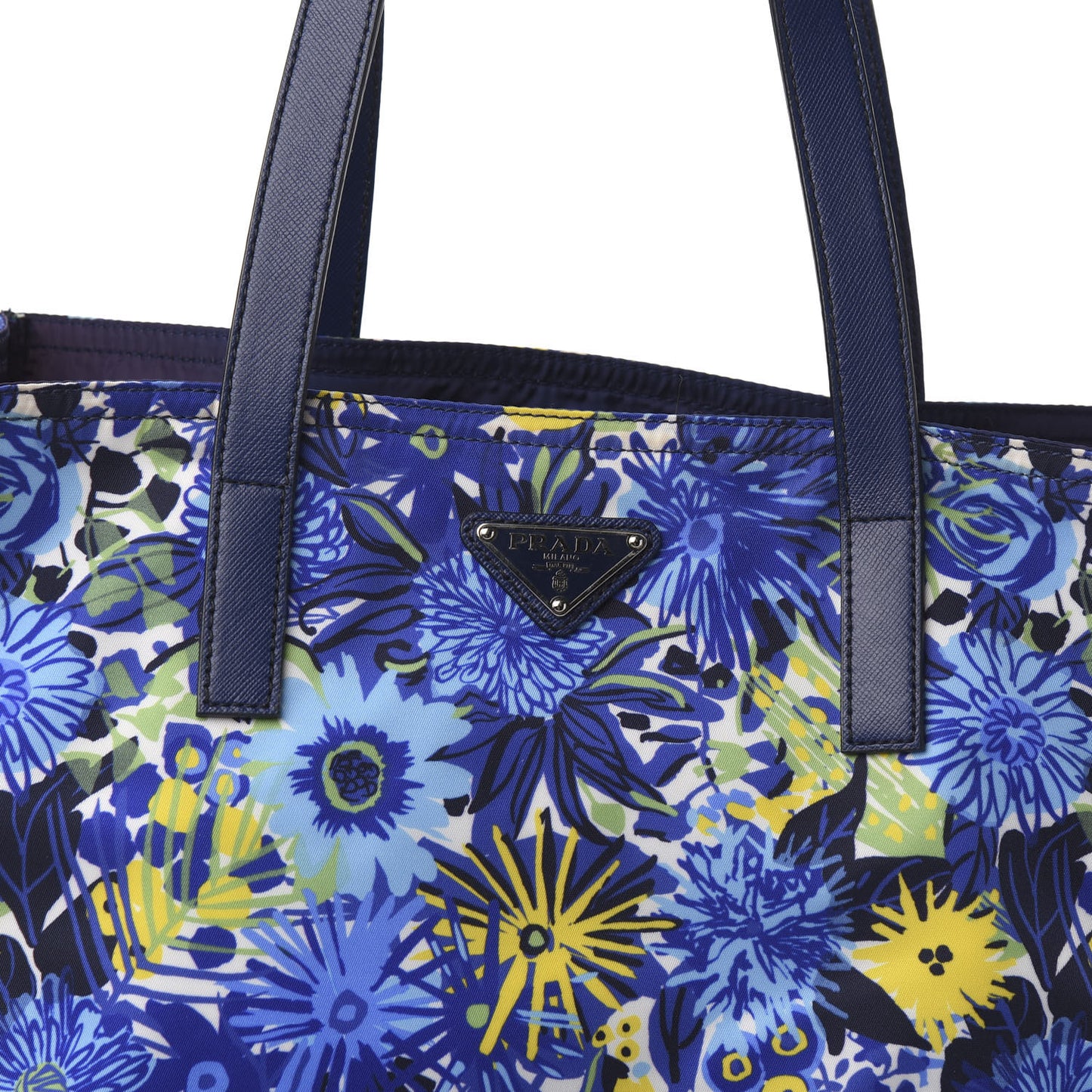 Tessuto Nylon Saffiano Floral Print Tote Bluette Dis Primule