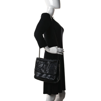 Saint Laurent Crocodile Embossed Lambskin Monogram Medium Niki Chain Satchel Black 2 of 11