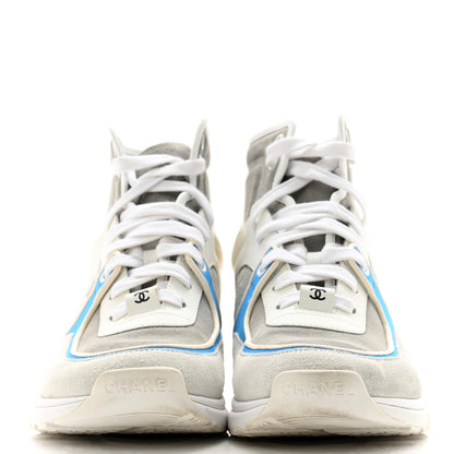 Chanel Suede Calfskin Lambskin High Top CC Sneakers 36.5 White Blue 2 of 11