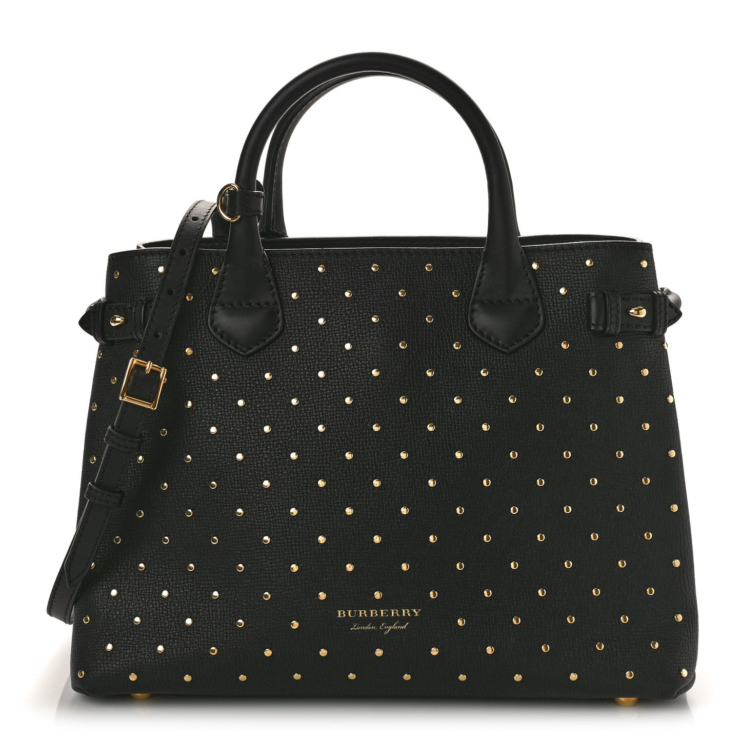 Grainy Calfskin Studded Medium Banner Tote Black