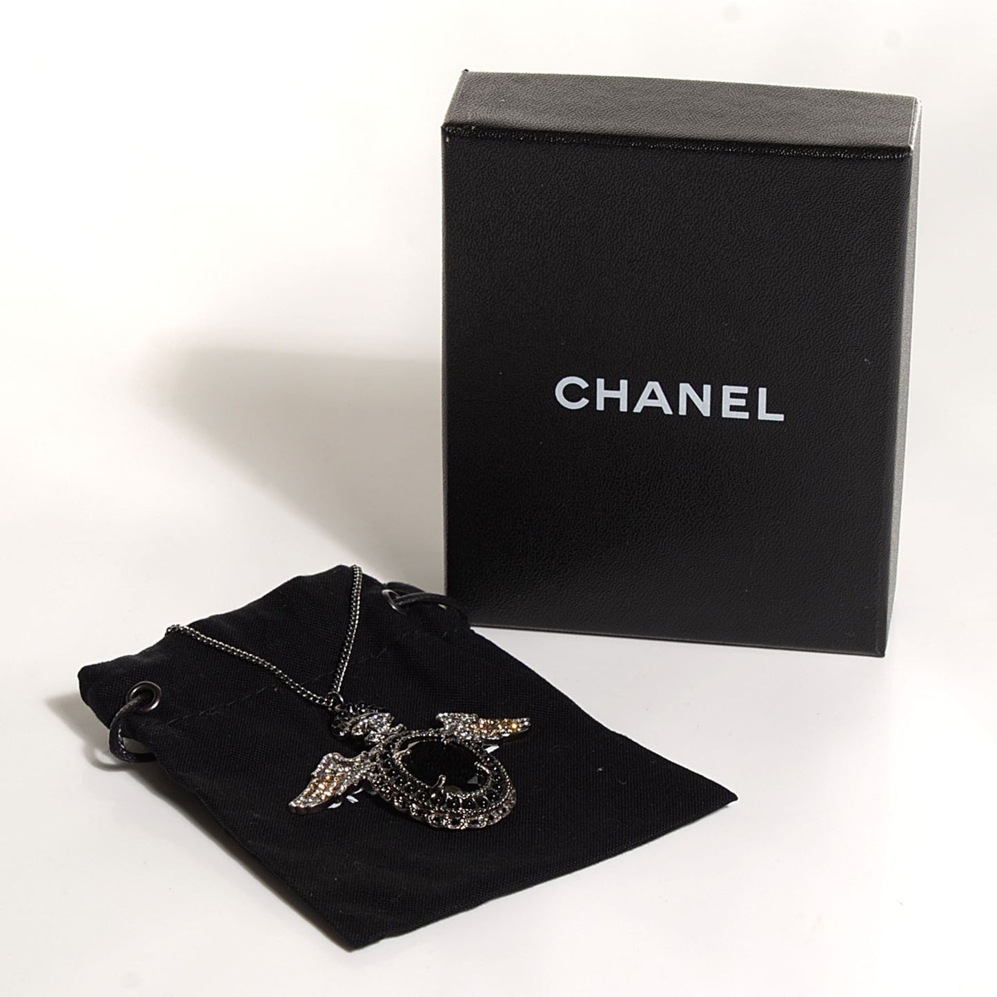 Crystal CC Crown Wing Pendant Necklace Black