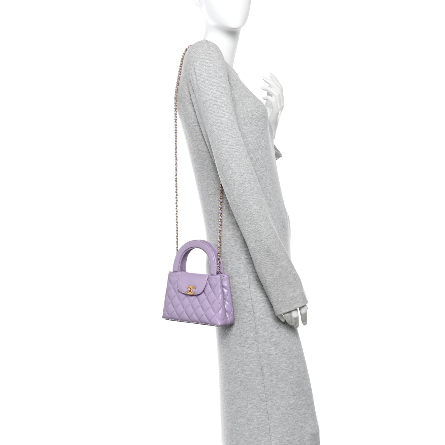 Shiny Aged Calfskin Quilted Nano Kelly Shopper Lilac