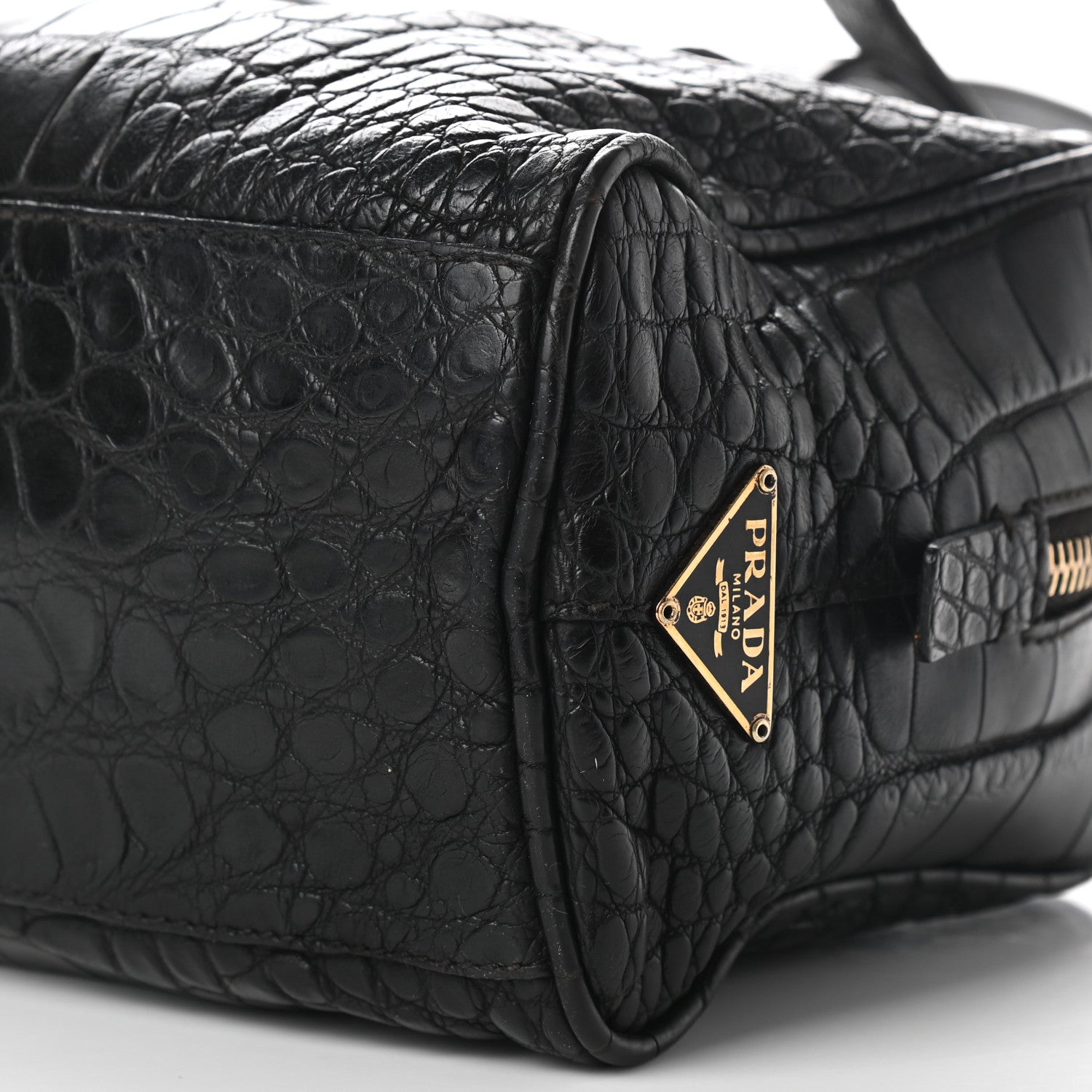 Prada Calfskin Crocodile Embossed Satchel Black 10 of 10