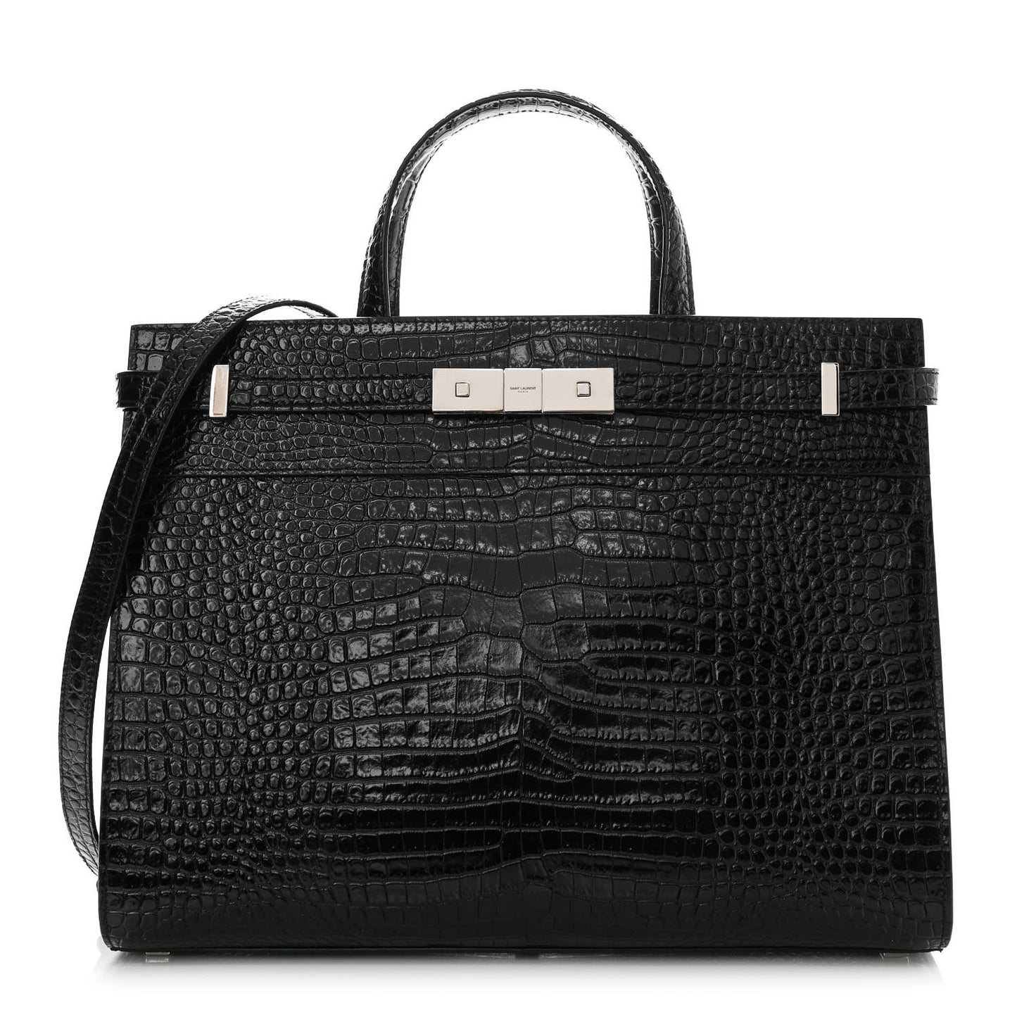 Shiny Calfskin Crocodile Embossed Small Manhattan Shopper Tote Black