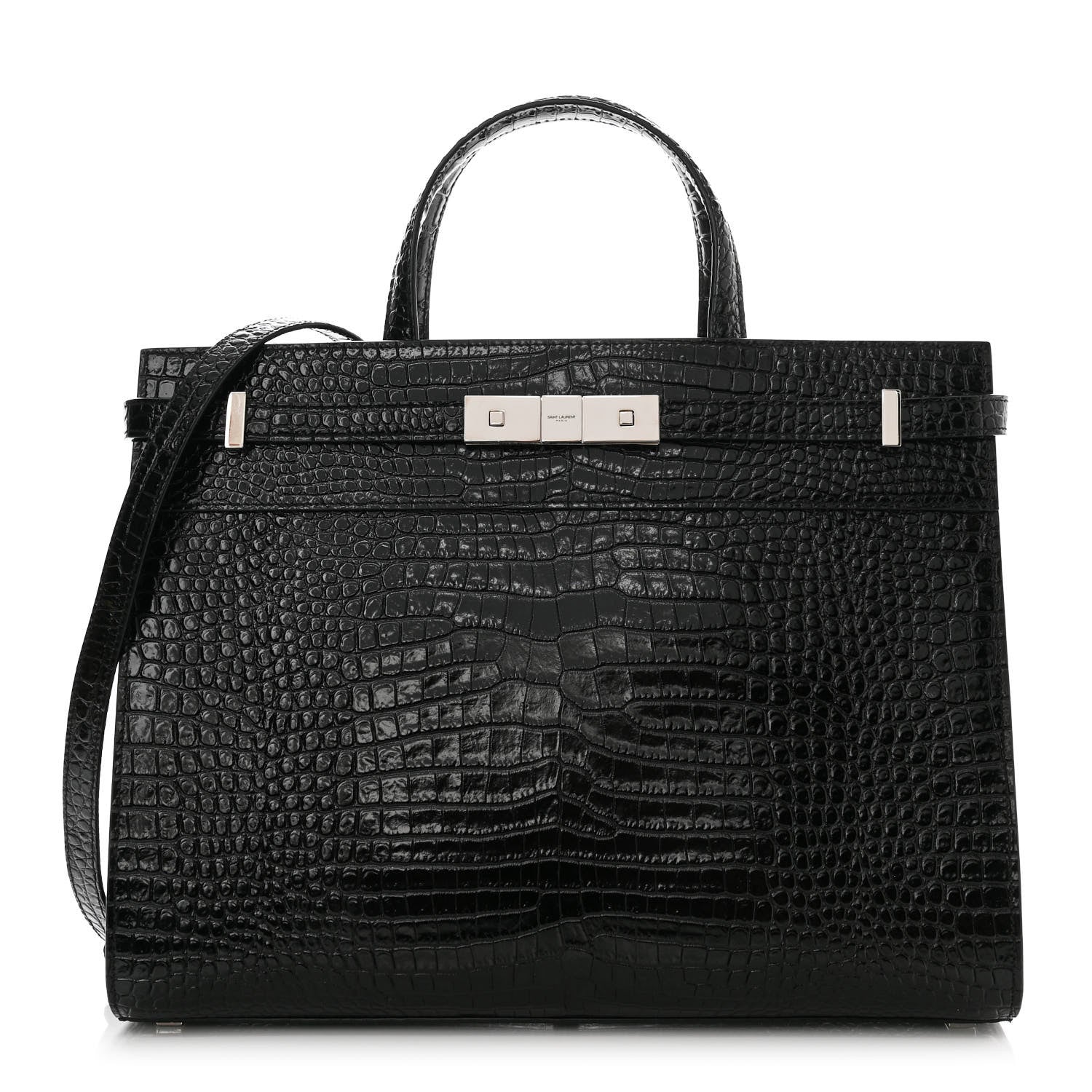 Saint Laurent Shiny Calfskin Crocodile Embossed Small Manhattan Shopper Tote Black 1 of 10