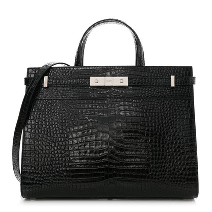 Saint Laurent Shiny Calfskin Crocodile Embossed Small Manhattan Shopper Tote Black 1 of 10