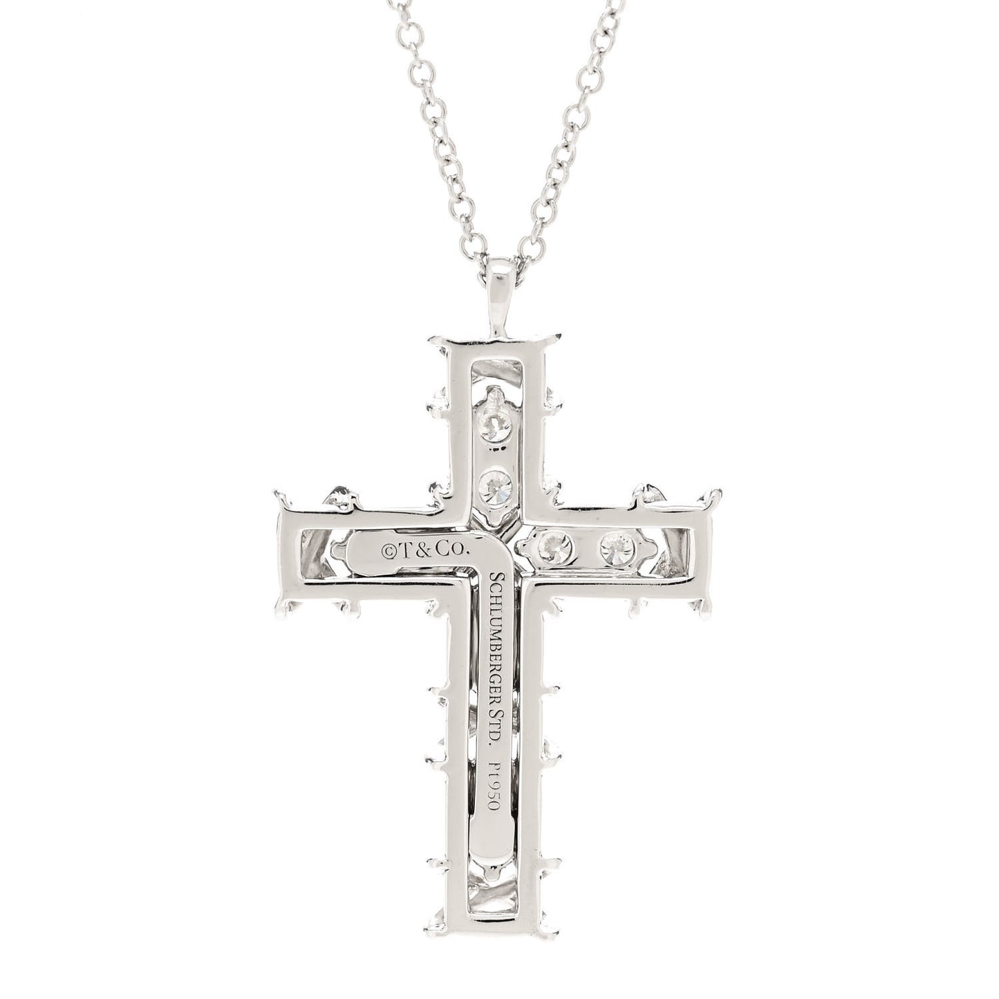 Platinum Diamond Schlumberger Ten Stone Cross Pendant Necklace