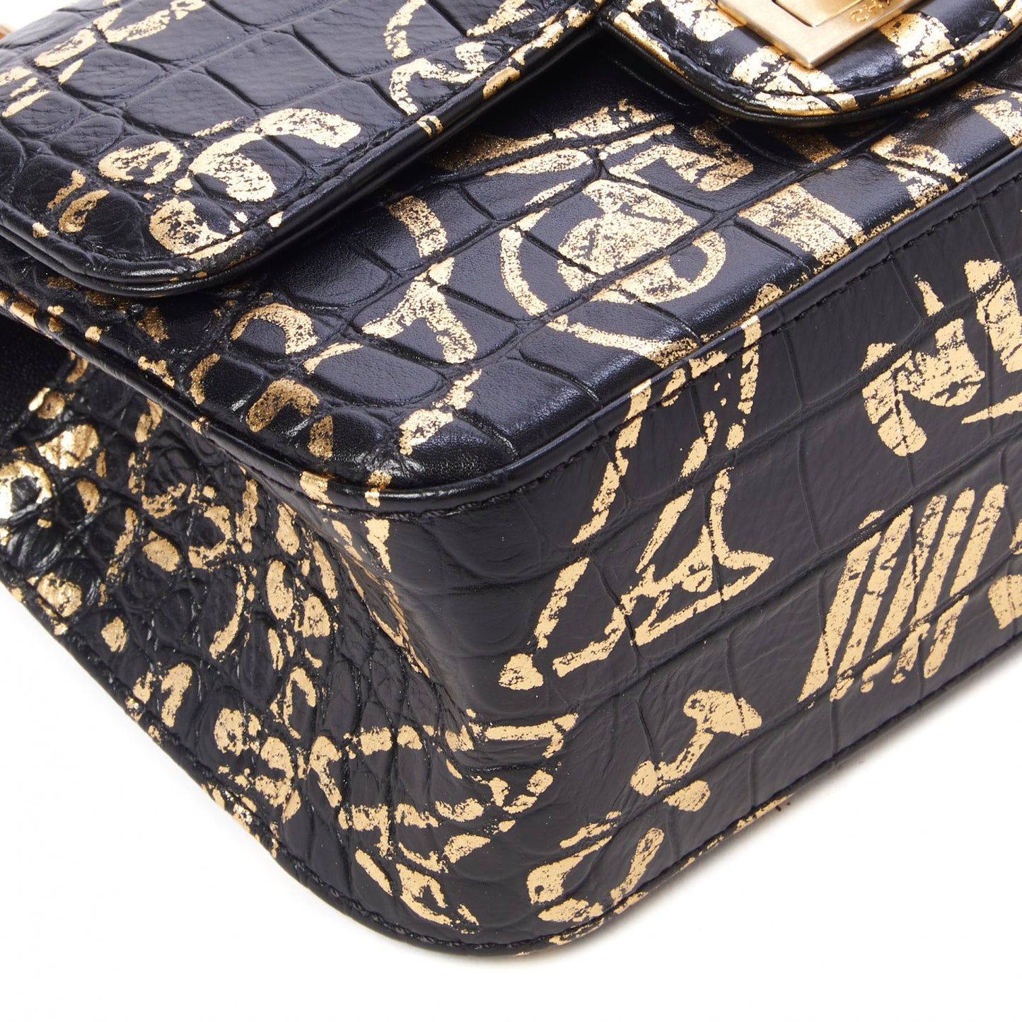 Calfskin Crocodile Embossed Graffiti 2.55 Mini Cocodile Reissue Flap Black Gold