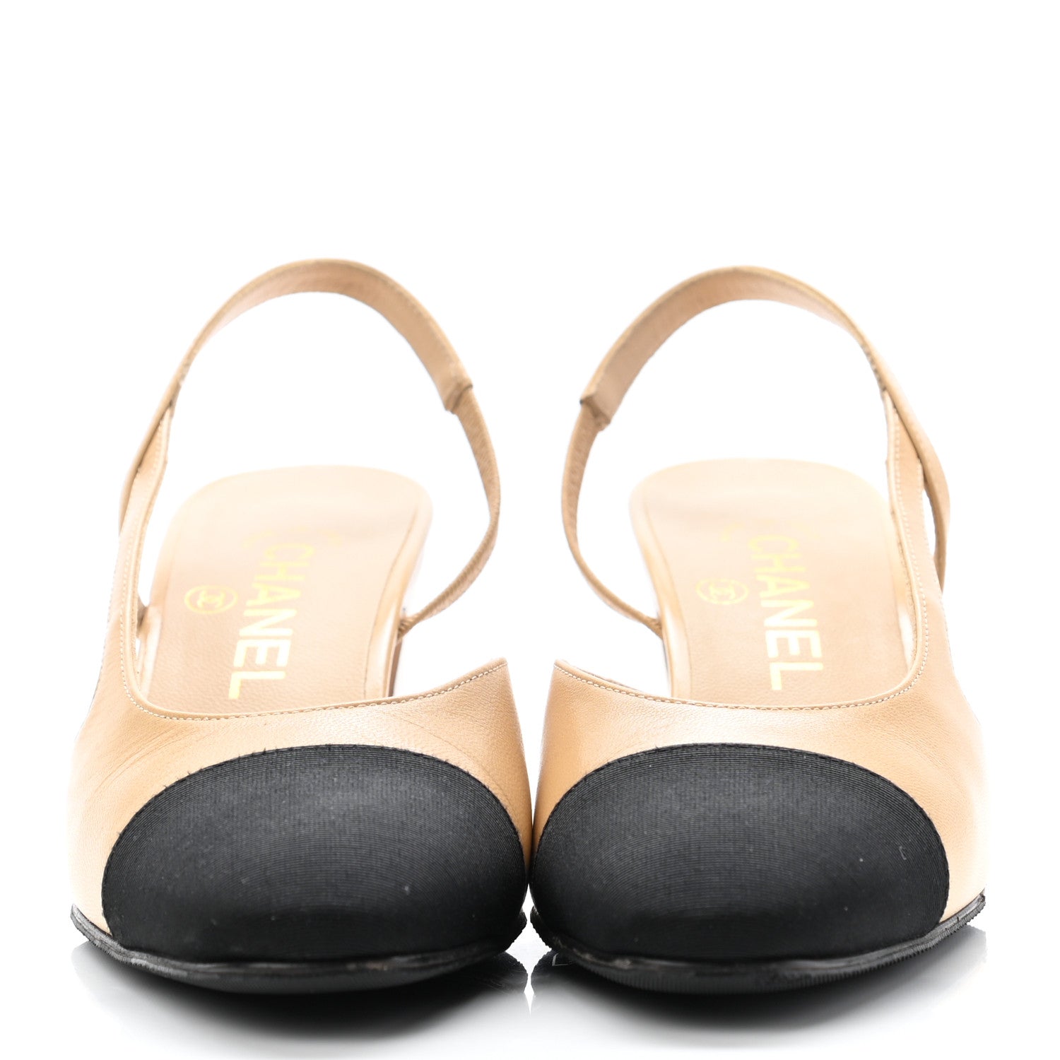 Chanel Goatskin Grosgrain Cap Toe CC Slingback Pumps 36.5 Beige Black 3 of 8