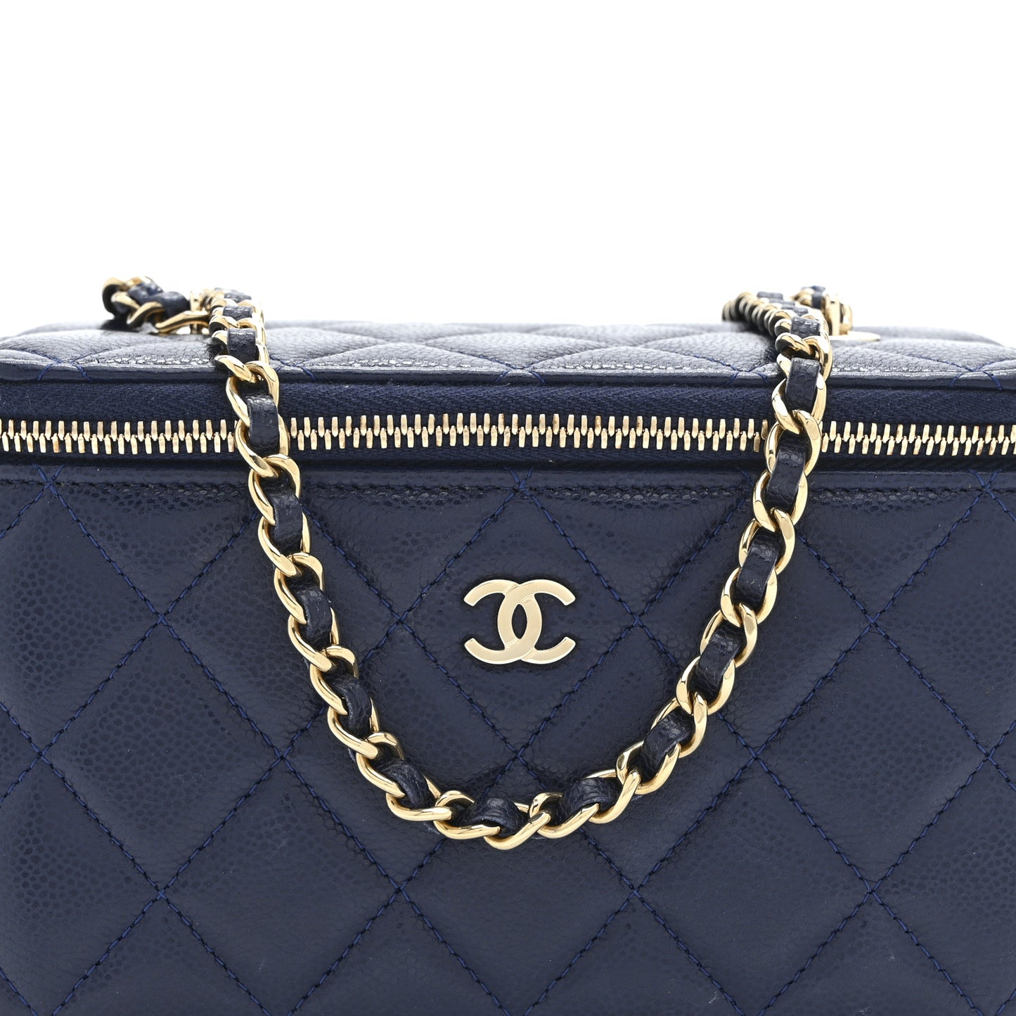 Caviar Quilted Small Vanity Case With Chain Navy Blue