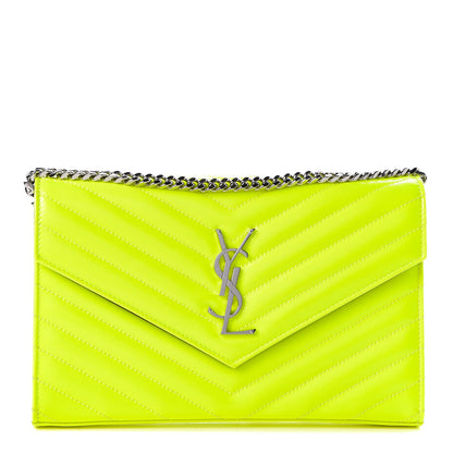 Saint Laurent Patent Grain De Poudre Matelasse Chevron Monogram Chain Wallet Neon Yellow 1 of 10
