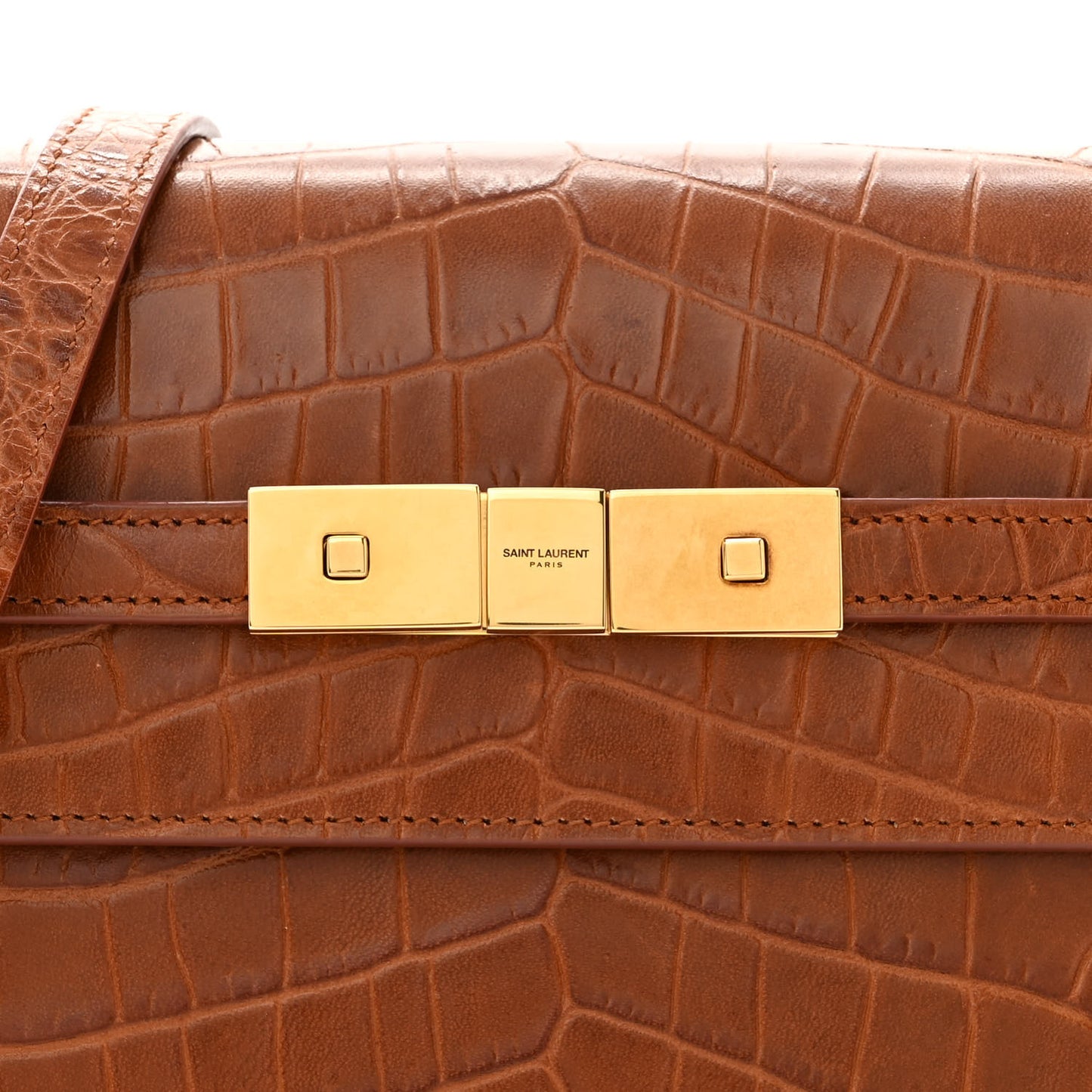 Shiny Calfskin Crocodile Embossed Small Manhattan Baguette Dark Caramel