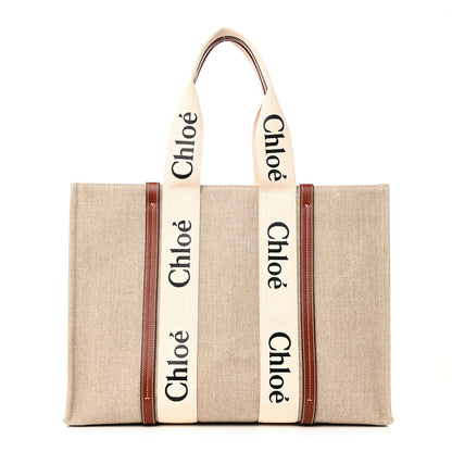 Chloe Linen Calfskin Large Woody Ribbon Tote White Brown 1 of 9