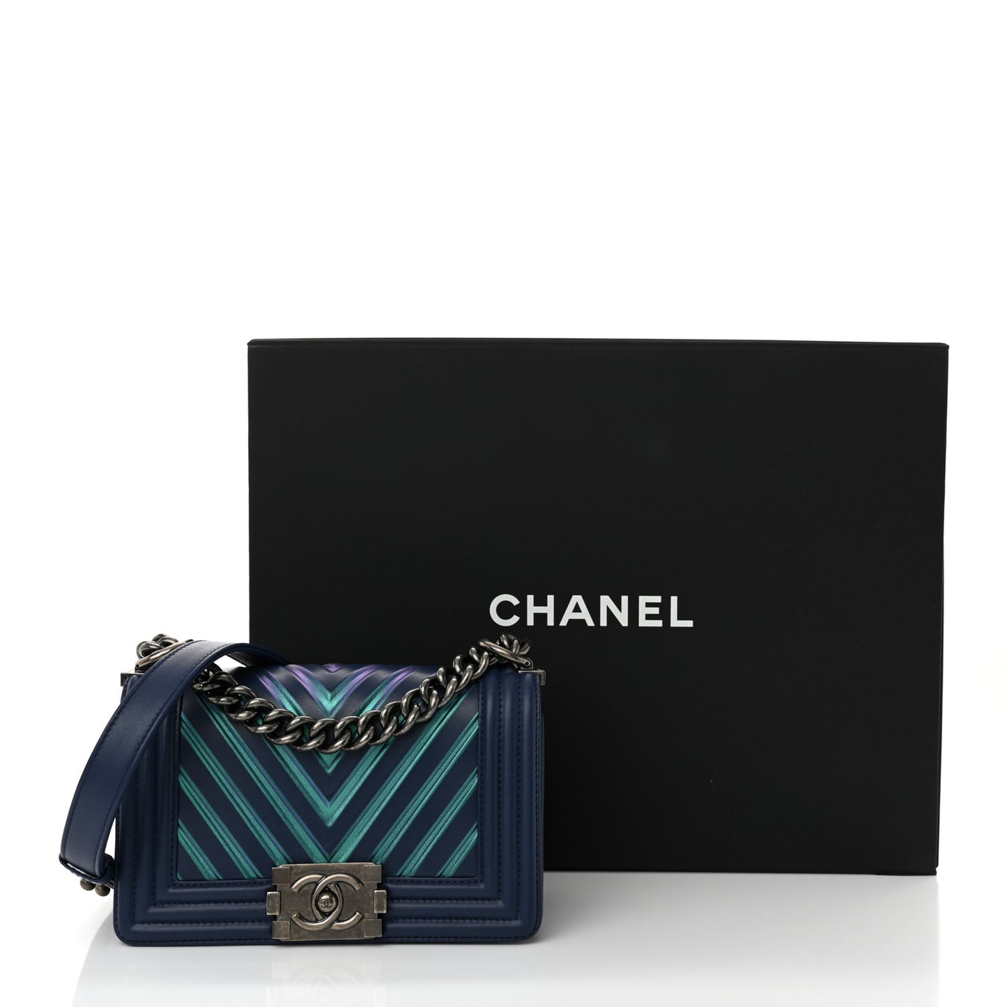 Calfskin Painted Chevron Embossed Small Boy Flap Dark Blue