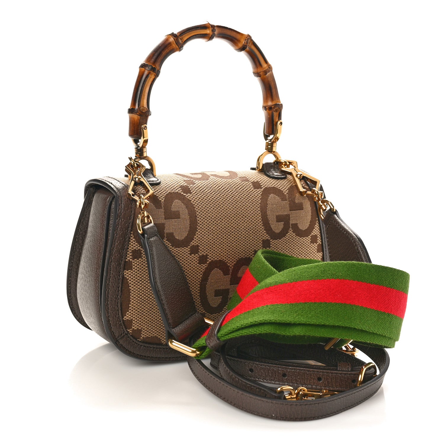 Gucci Monogram Jumbo GG Textured Dollar Calfskin Web Small Bamboo 1947 Top Handle Bag Camel Ebony New Acero 4 of 9