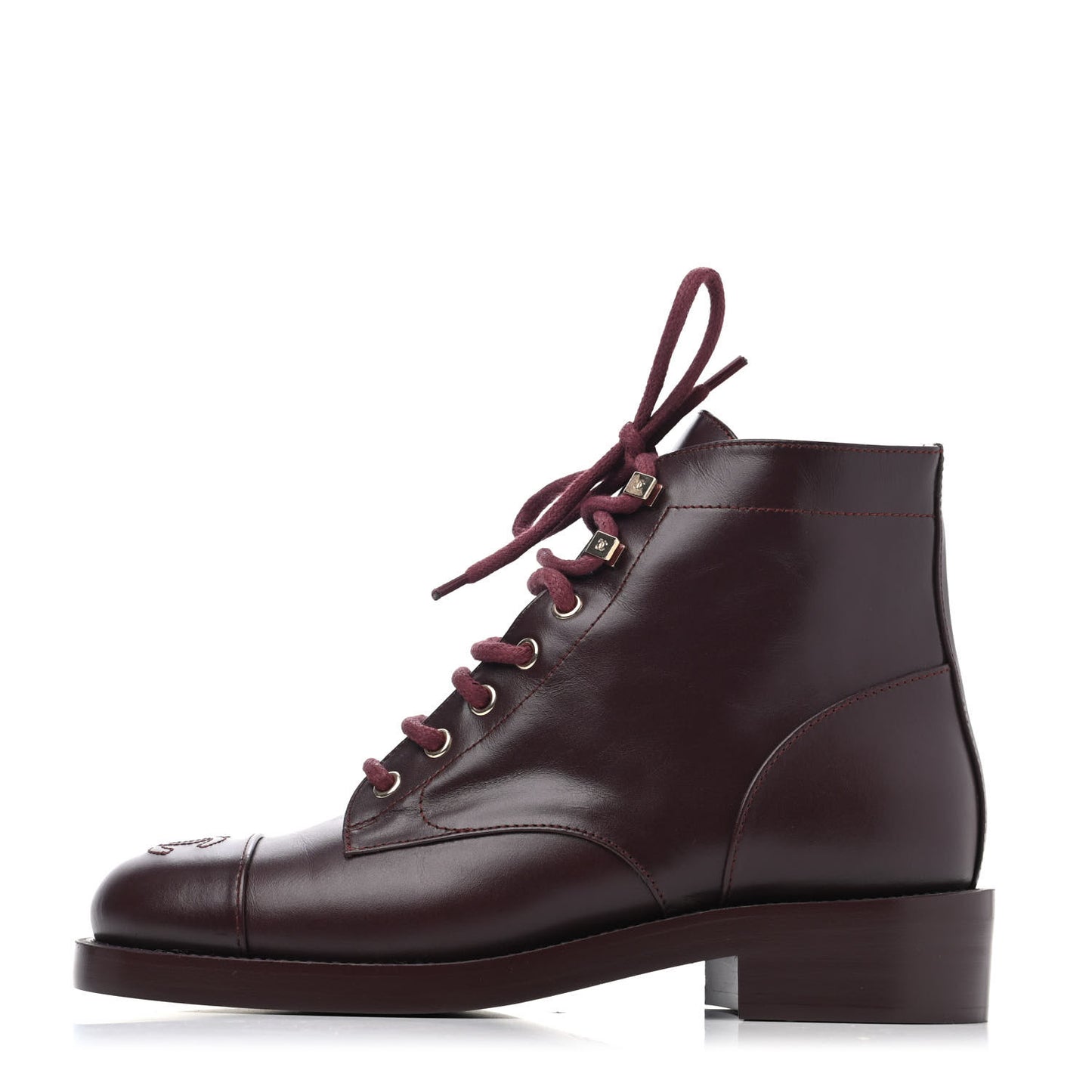 Calfskin Lace Up CC Short Boots 37 Burgundy