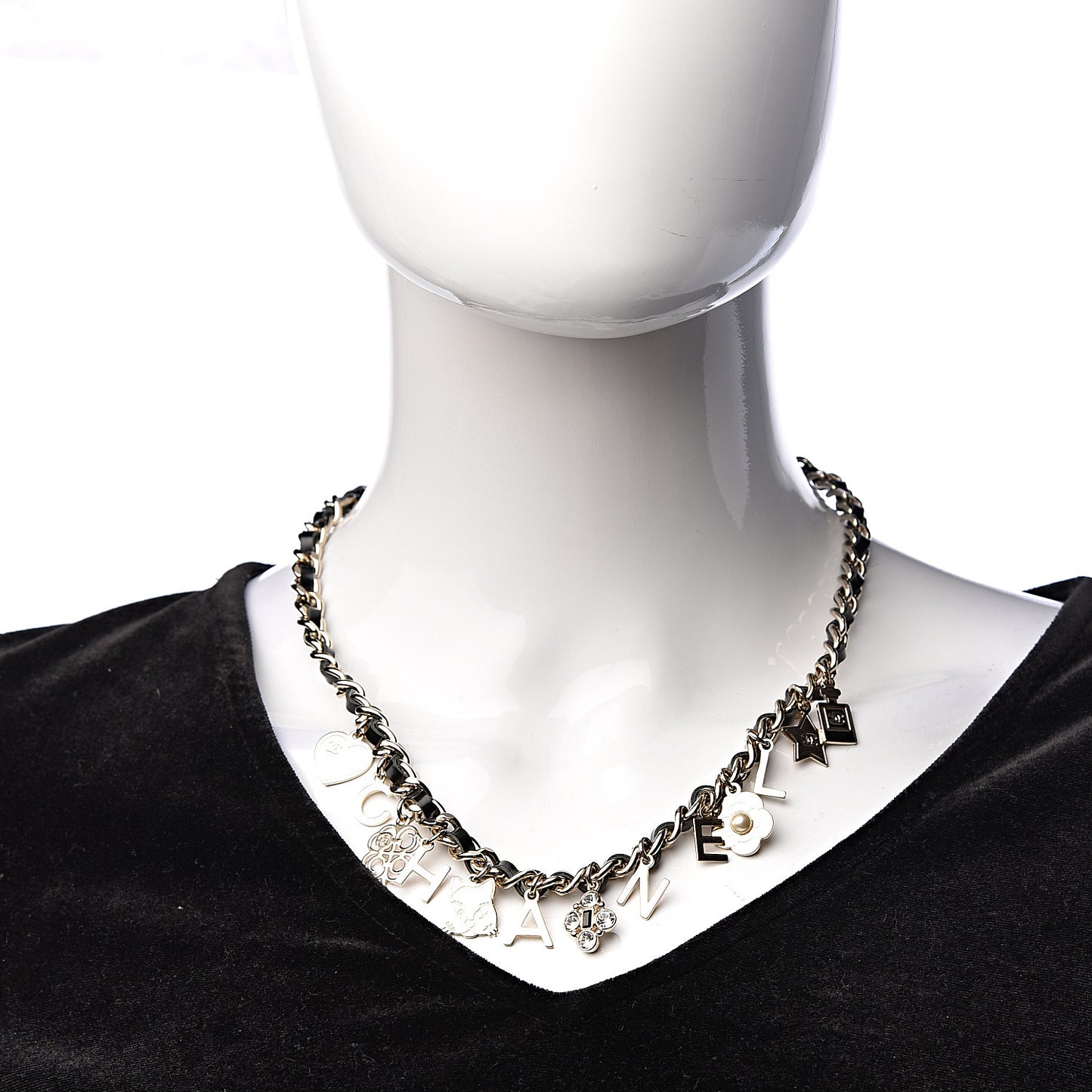Glazed Calfskin Crystal Pearl Charm Short Necklace Black Gold