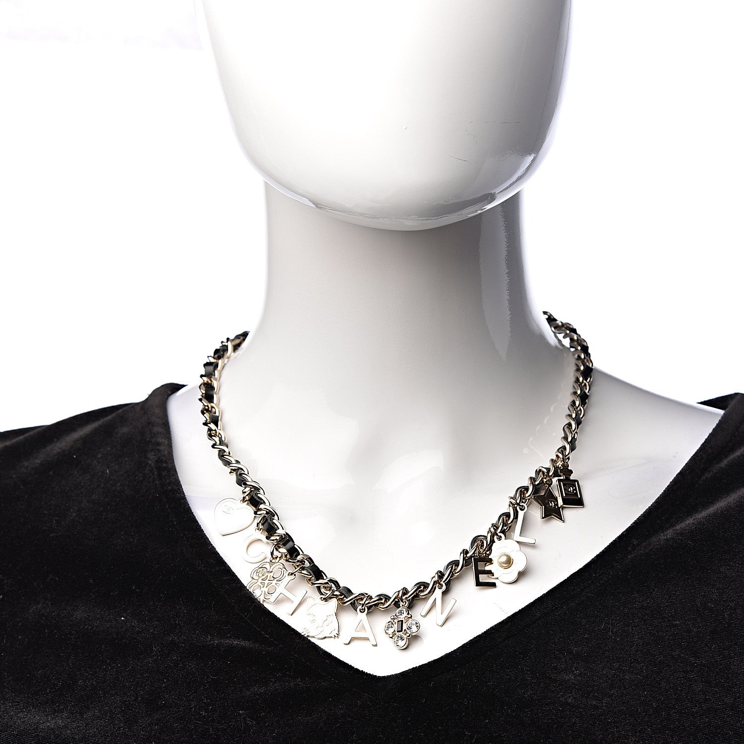 Chanel Glazed Calfskin Crystal Pearl Charm Short Necklace Black Gold 2 of 6