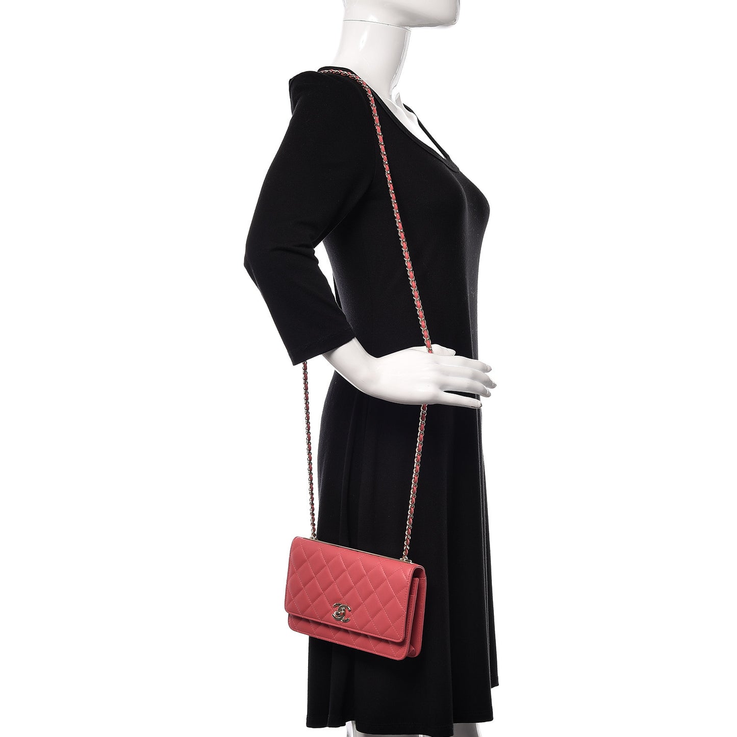 Lambskin Quilted Trendy CC Wallet On Chain WOC Bright Pink