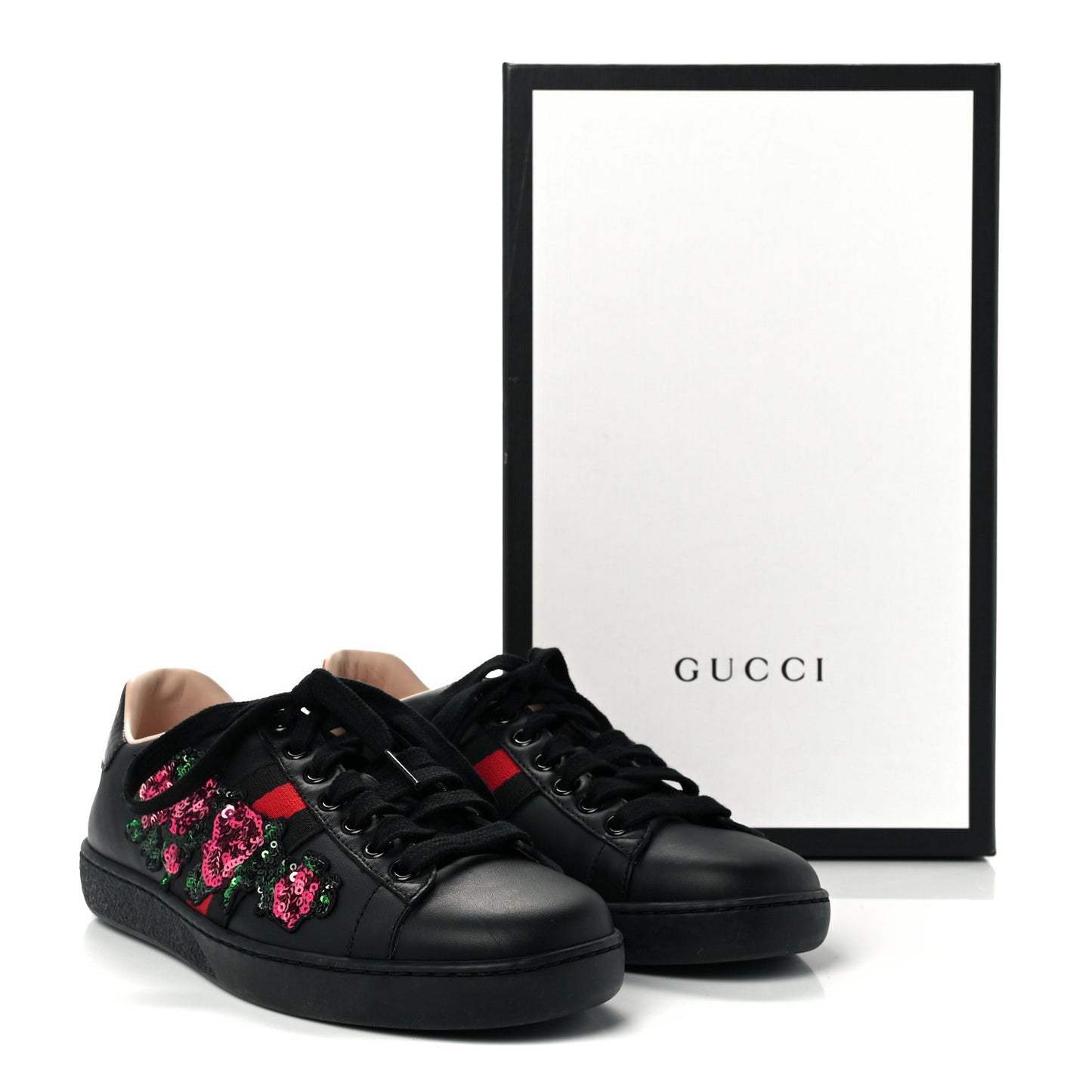 Calfskin Sequins Web Floral Womens Ace Sneakers 35 Black