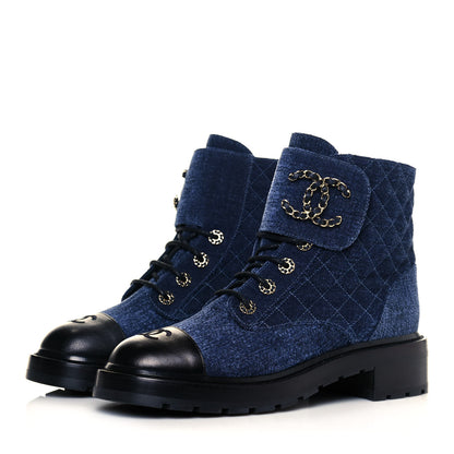 Chanel Shiny Calfskin Velvet Quilted Lace Up Combat Boots 41 Blue Black 3 of 7